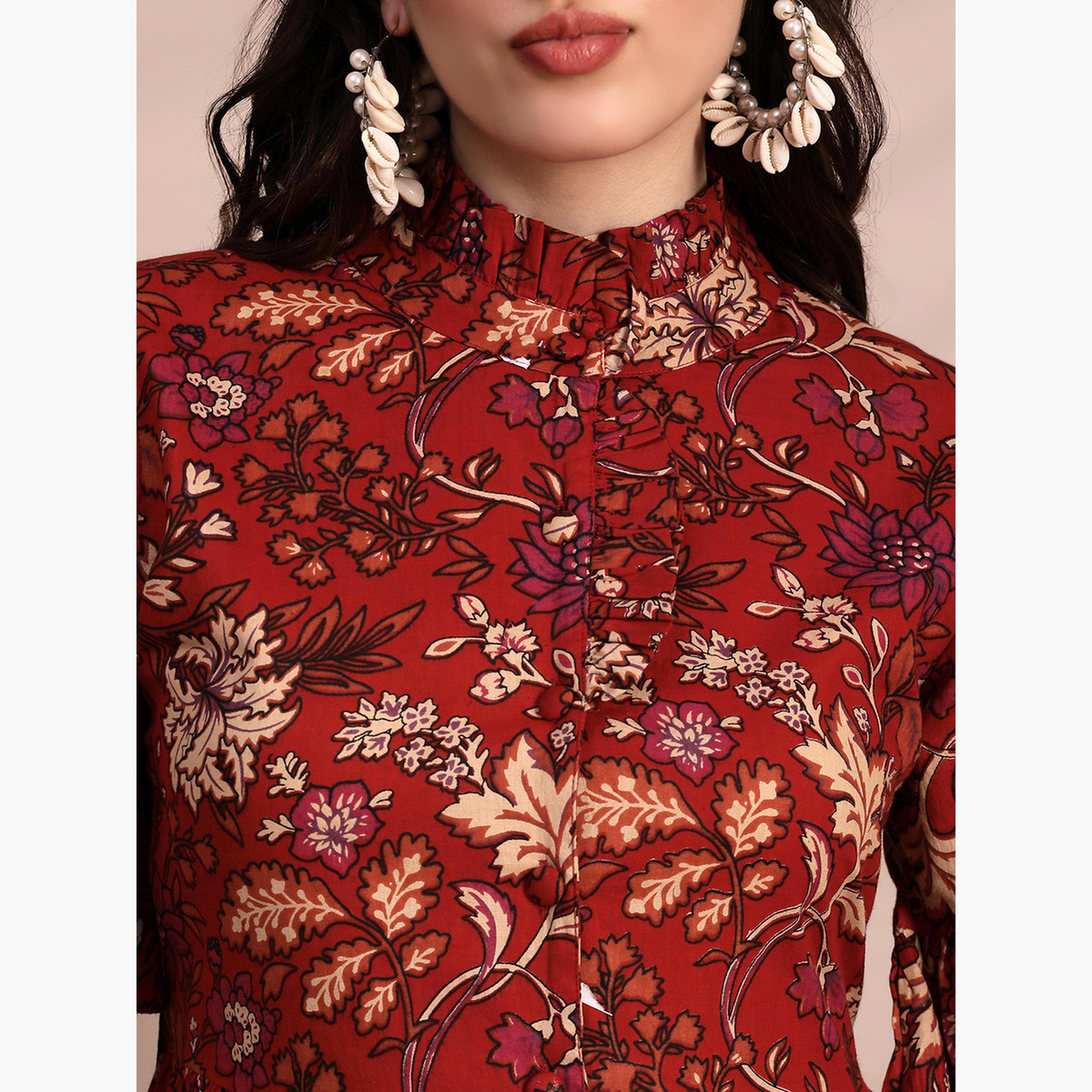 Globus X Styli Women Red Floral Print Tiered Midi Dress-women-clothing-ethnicwear-dresses-image-6