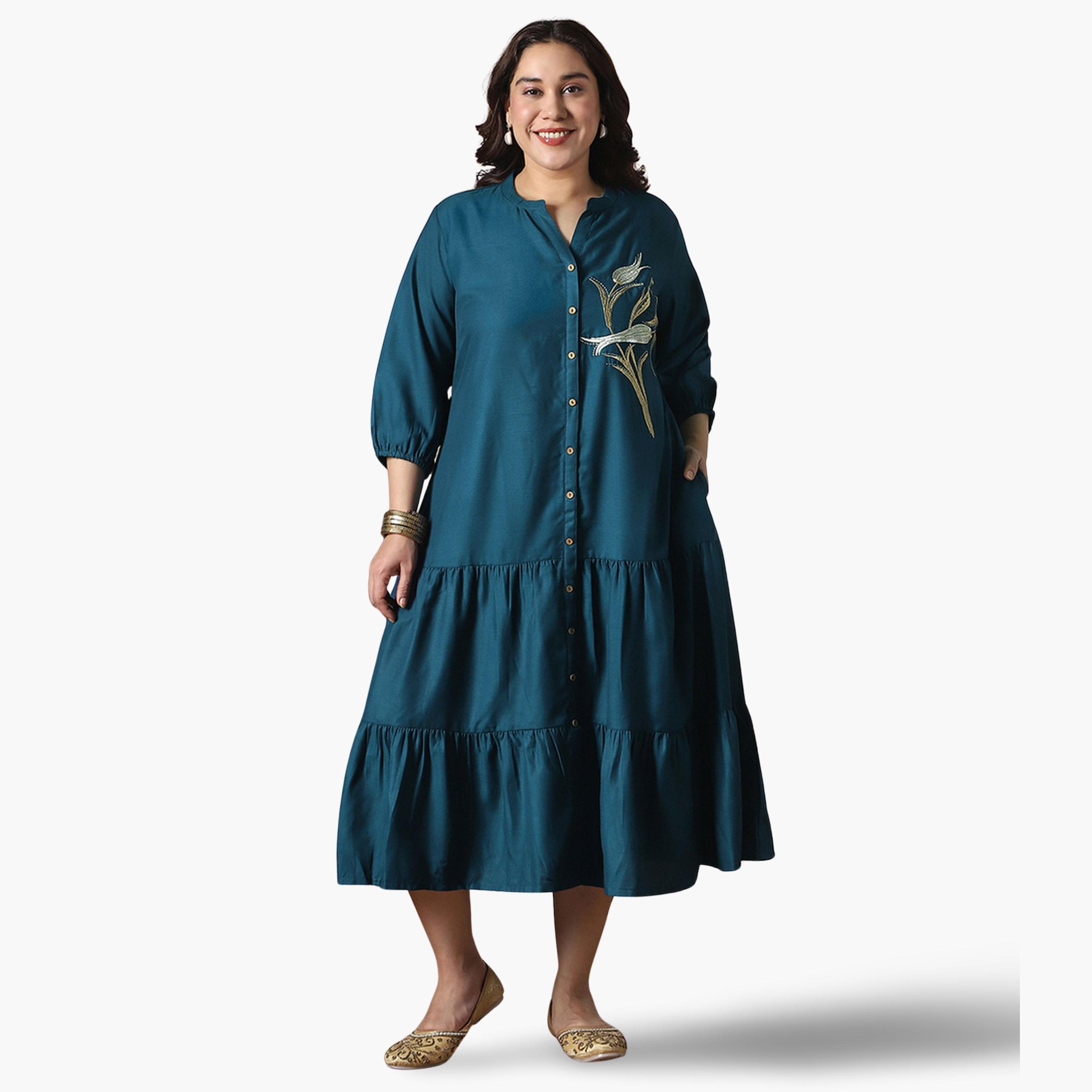Globus X Styli Plus Size Women Naby Blue Mandarin Collar Midi Dress-women-clothing-ethnicwear-dresses-image-1