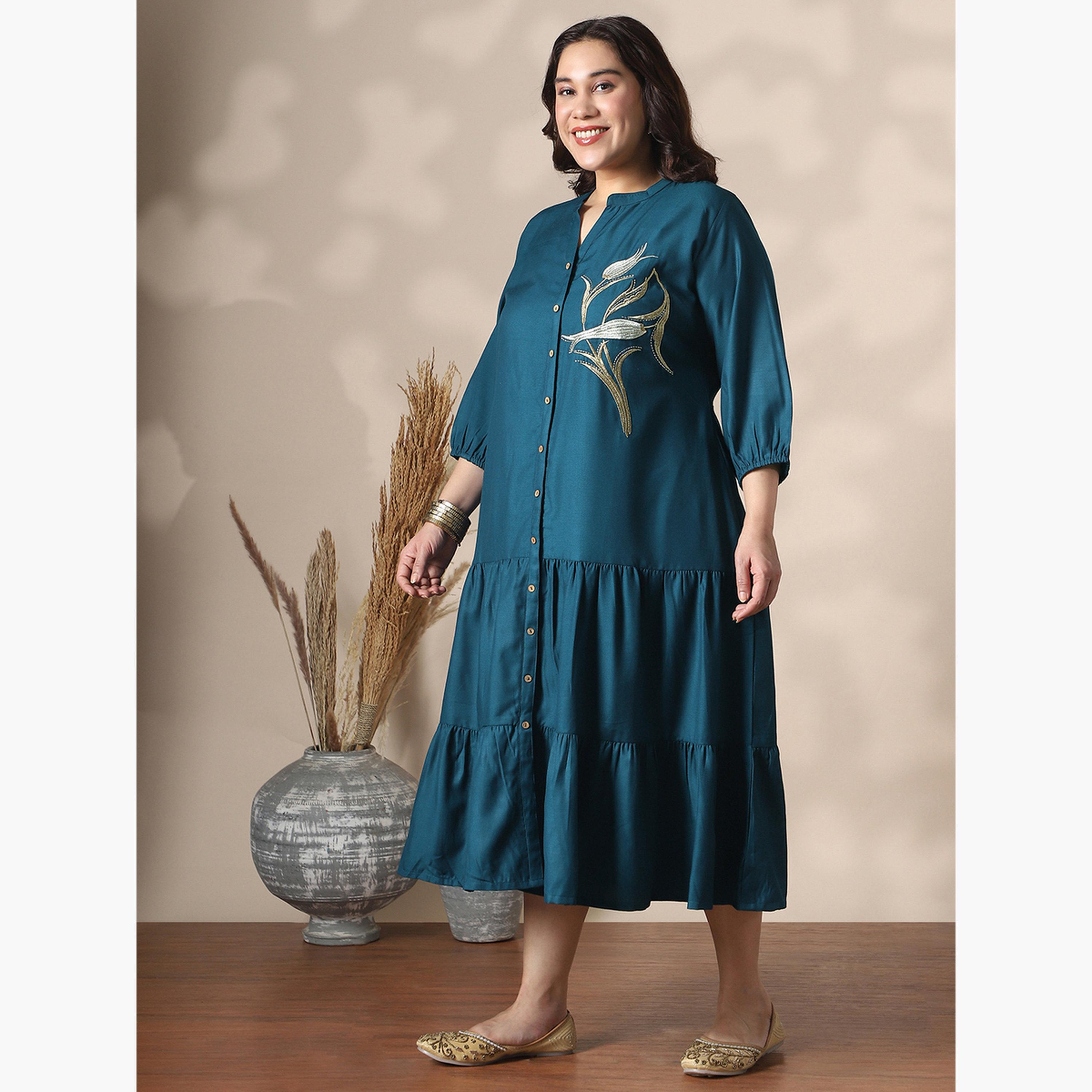Globus X Styli Plus Size Women Naby Blue Mandarin Collar Midi Dress-women-clothing-ethnicwear-dresses-image-2