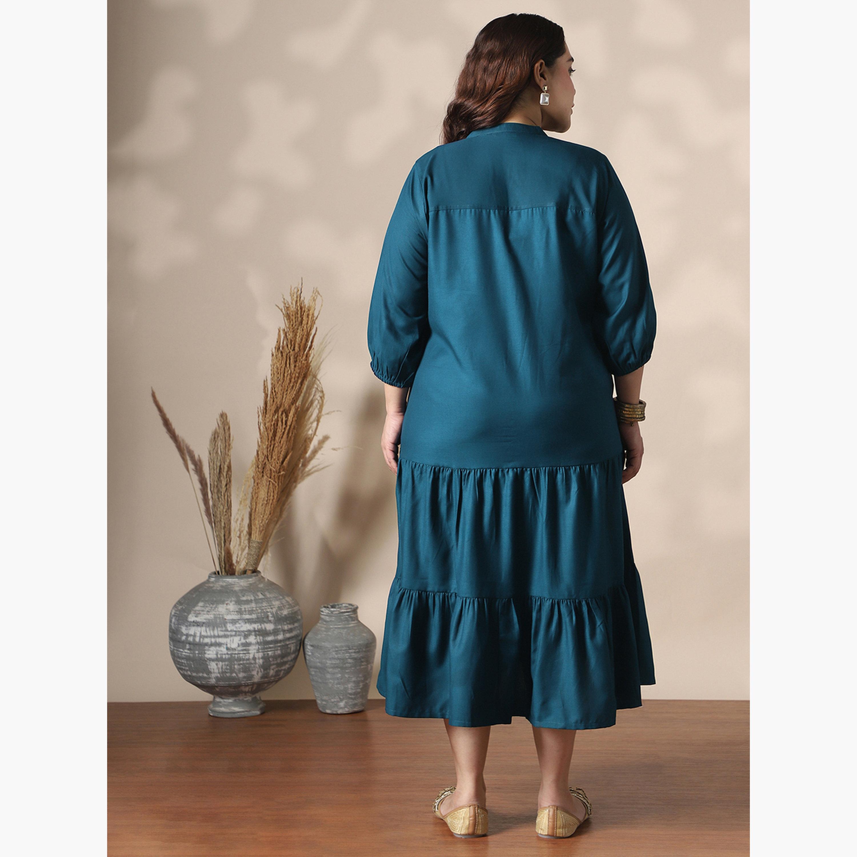 Globus X Styli Plus Size Women Naby Blue Mandarin Collar Midi Dress-women-clothing-ethnicwear-dresses-image-3