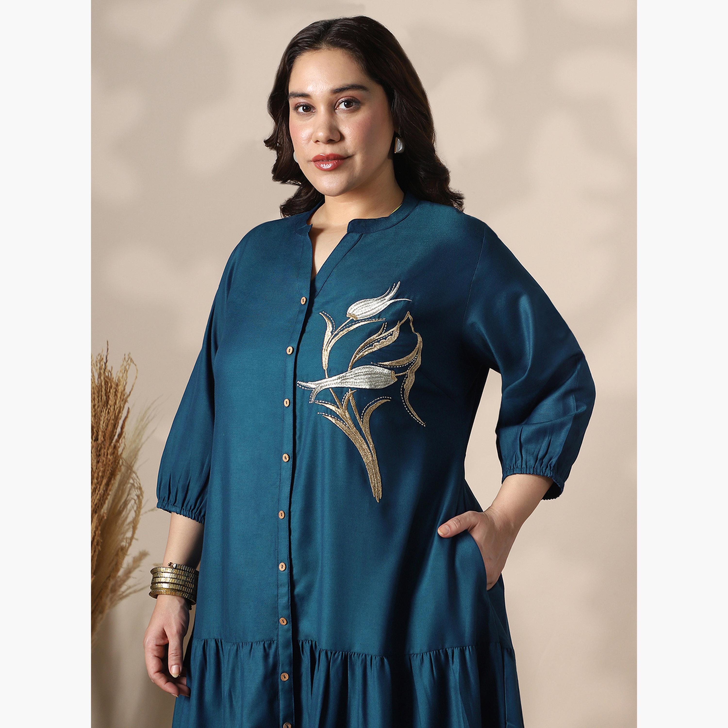 Globus X Styli Plus Size Women Naby Blue Mandarin Collar Midi Dress-women-clothing-ethnicwear-dresses-image-4
