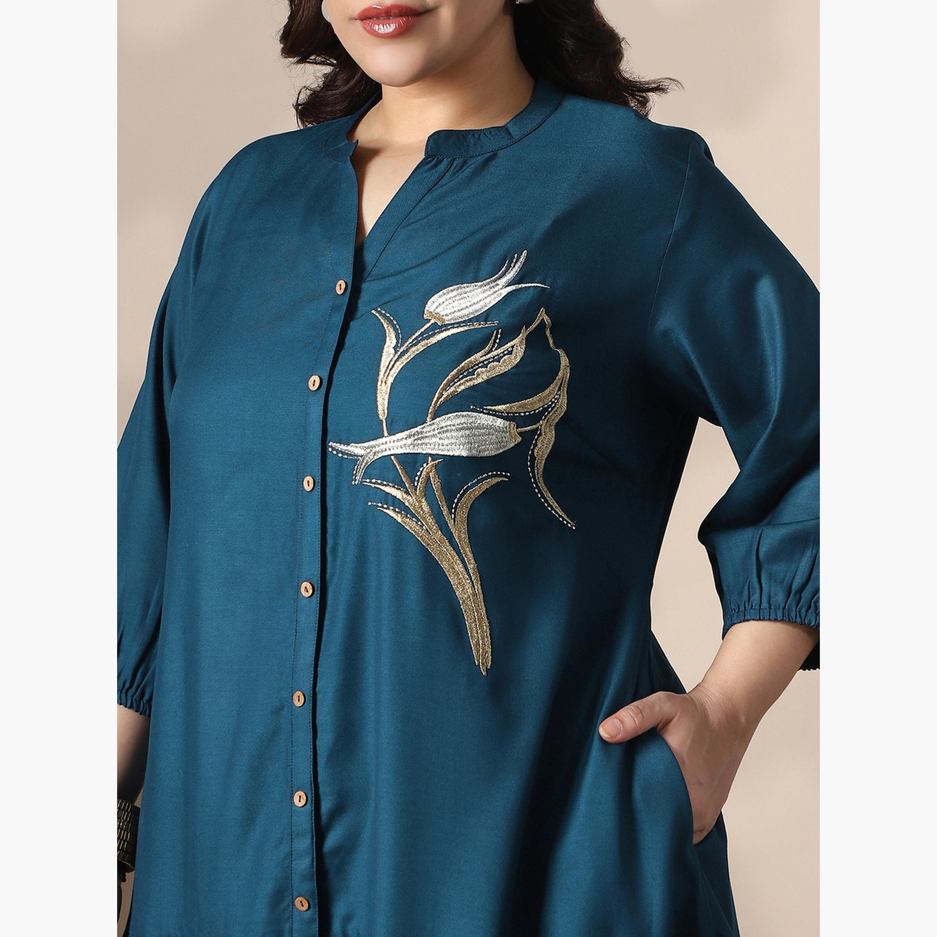 فستان ميدي بياقة ماندارين مقاس كبير-women-clothing-ethnicwear-dresses-image-5