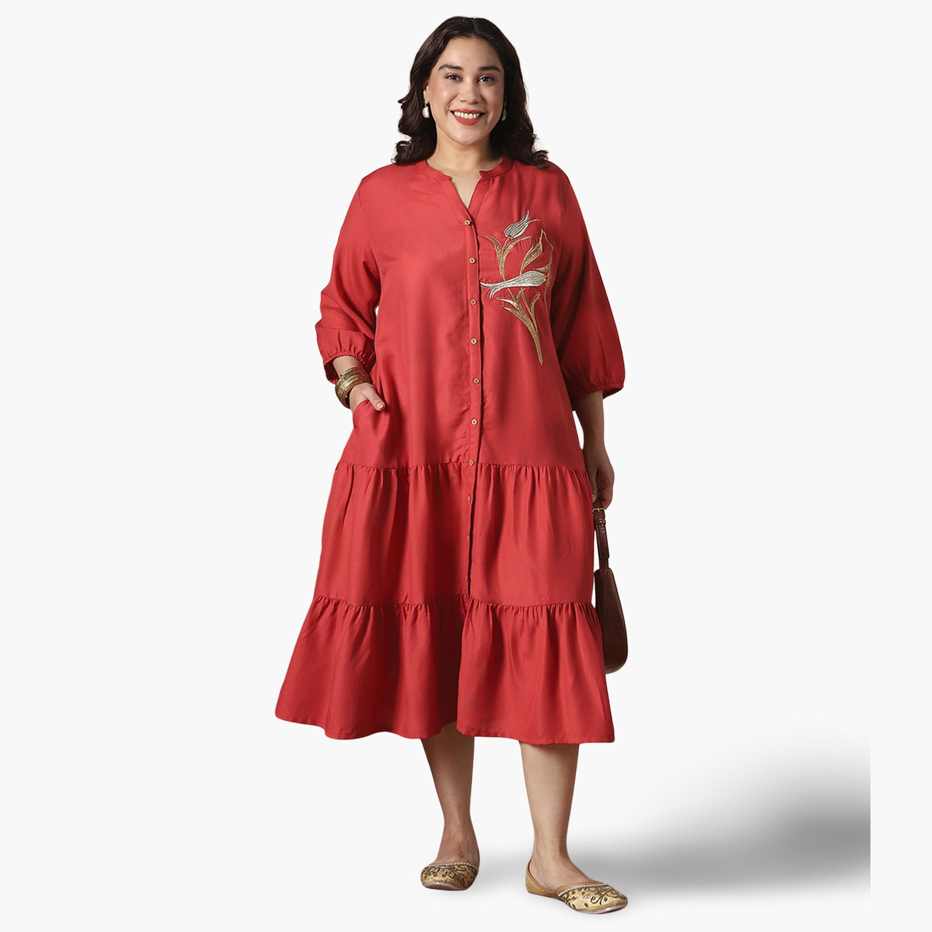 فستان ميدي بياقة ماندارين مقاس كبير-women-clothing-ethnicwear-dresses-image-1