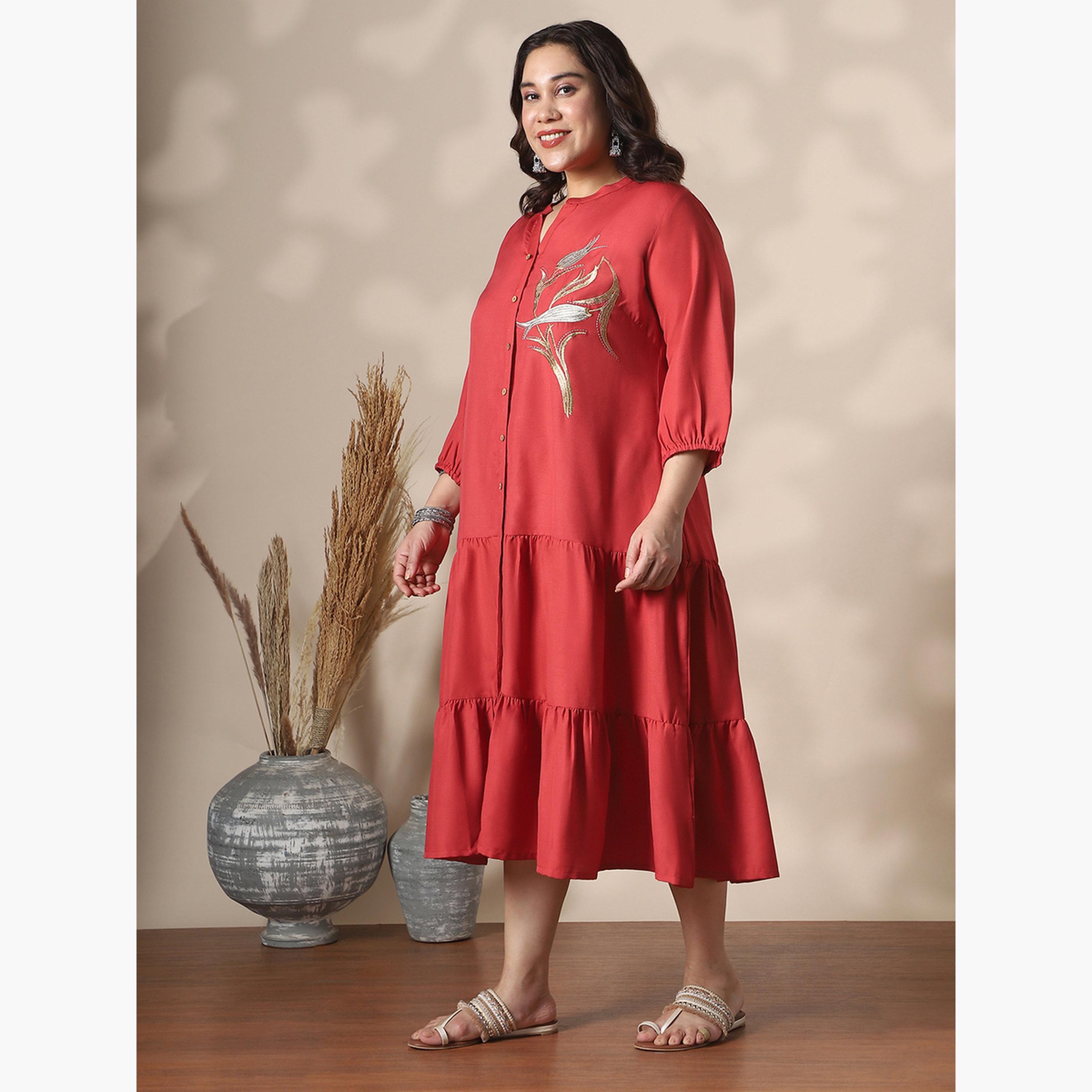 فستان ميدي بياقة ماندارين مقاس كبير-women-clothing-ethnicwear-dresses-image-2