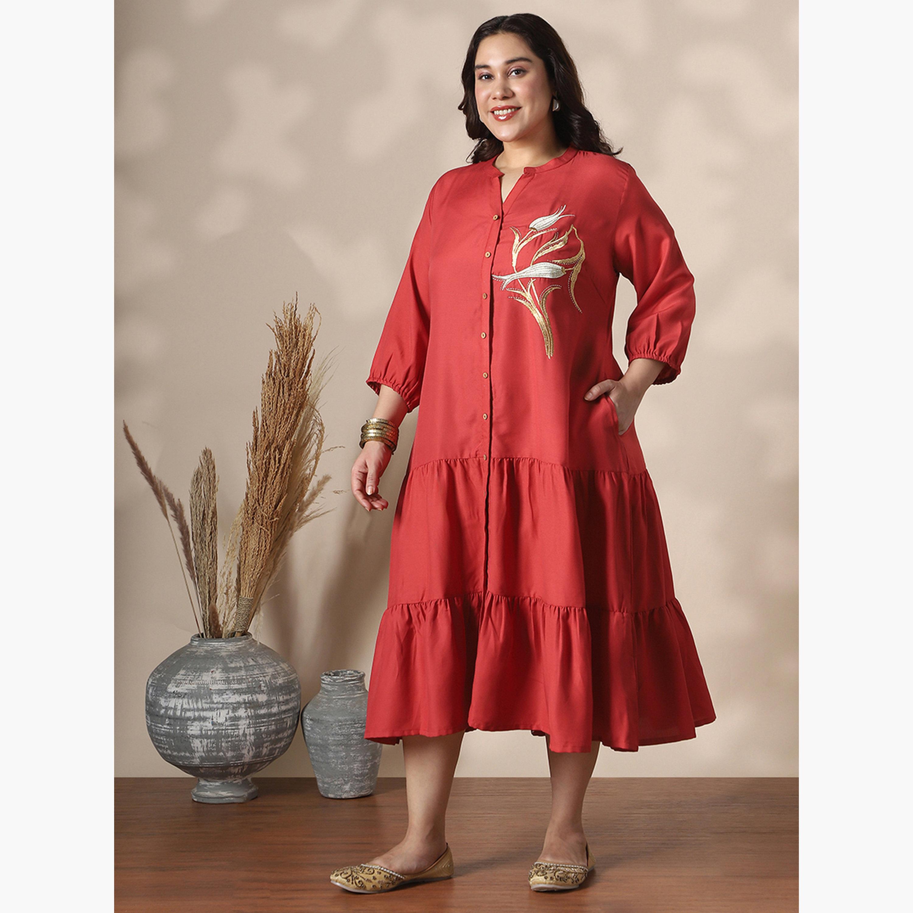 فستان ميدي بياقة ماندارين مقاس كبير-women-clothing-ethnicwear-dresses-image-4