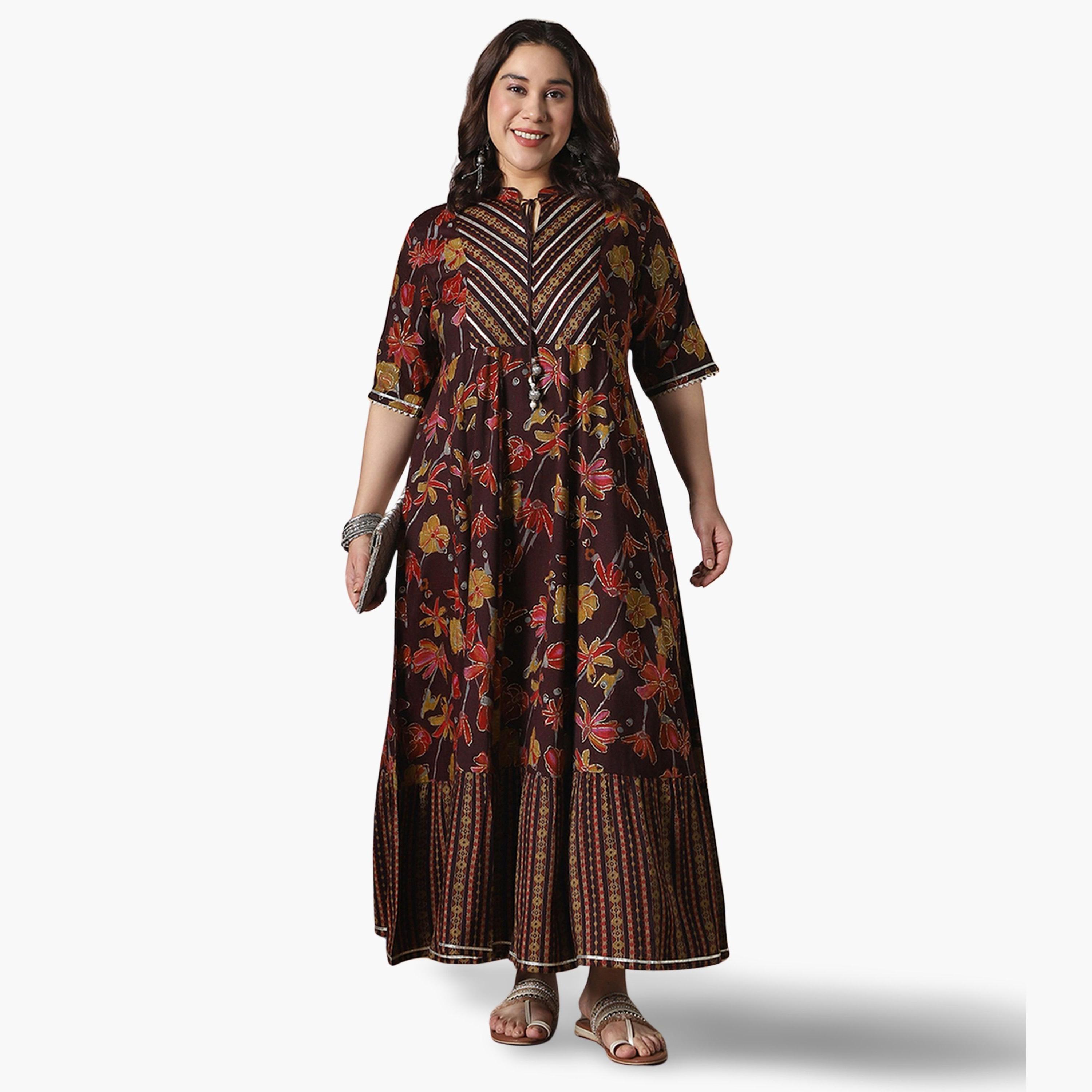 Globus X Styli Plus Size Women Wine Floral Foil Print Maxi Dress-women-clothing-ethnicwear-dresses-image-1