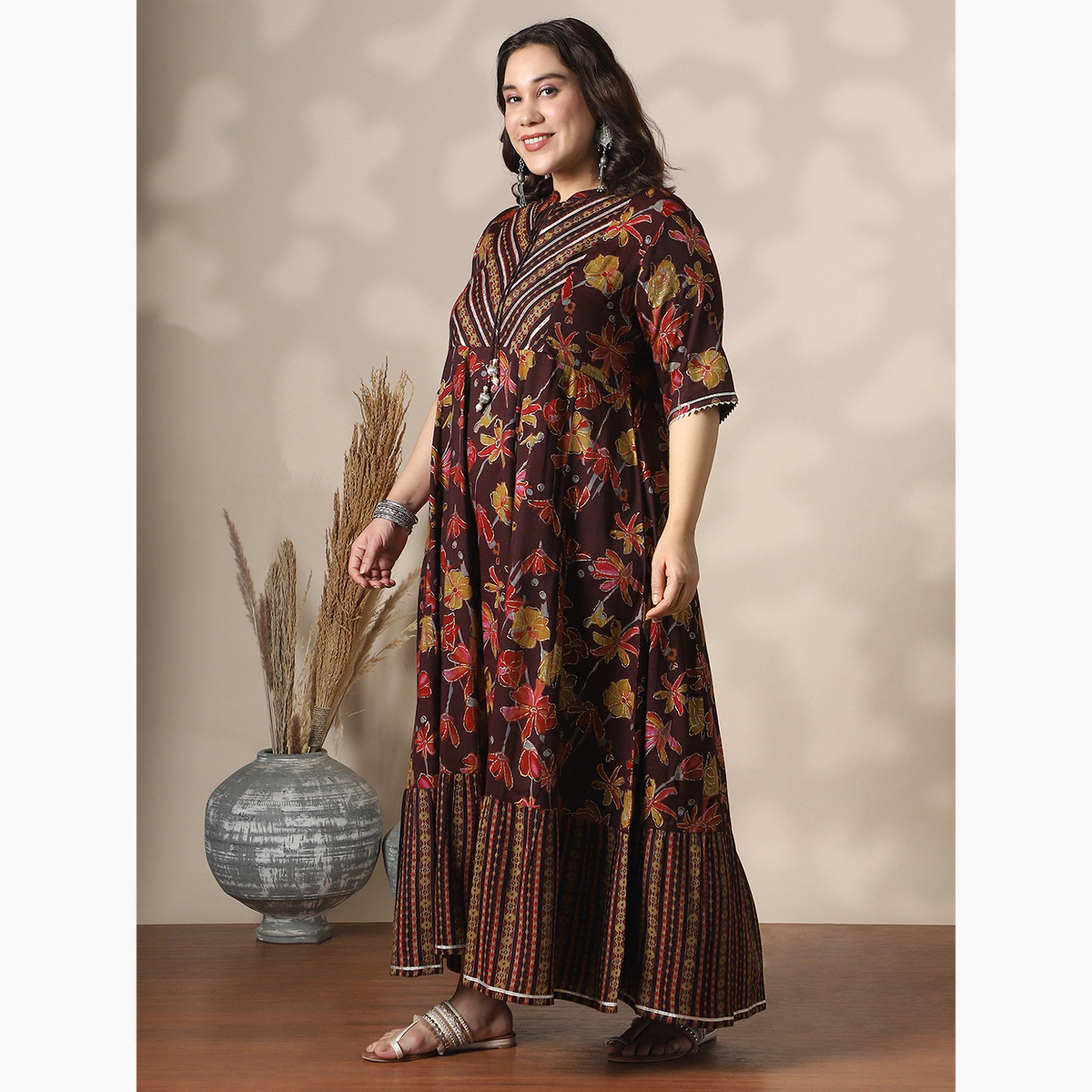 Globus X Styli Plus Size Women Wine Floral Foil Print Maxi Dress-women-clothing-ethnicwear-dresses-image-2