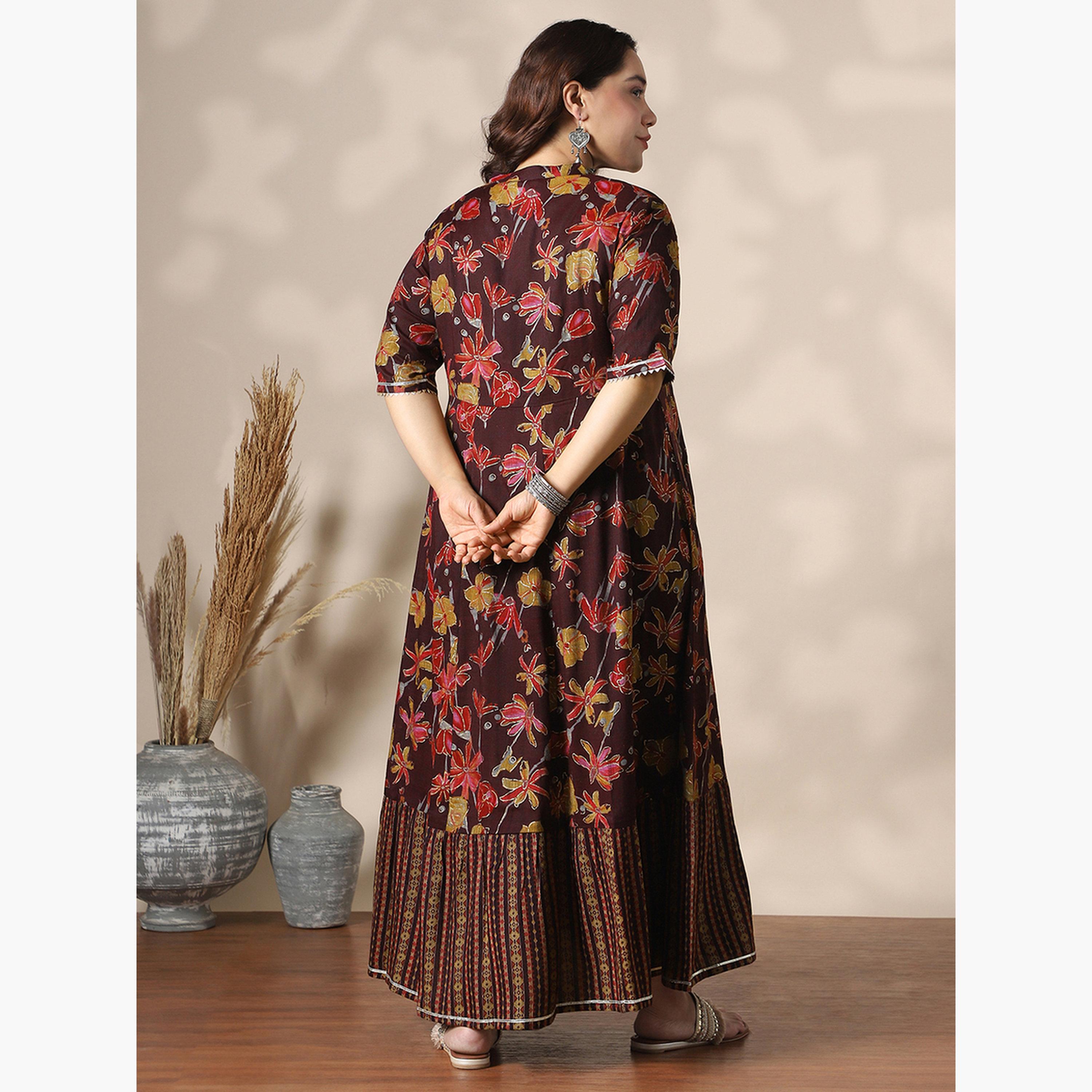فستان ماكسي مطبوع بزهور وورق ذهبي مقاس كبير-women-clothing-ethnicwear-dresses-image-3