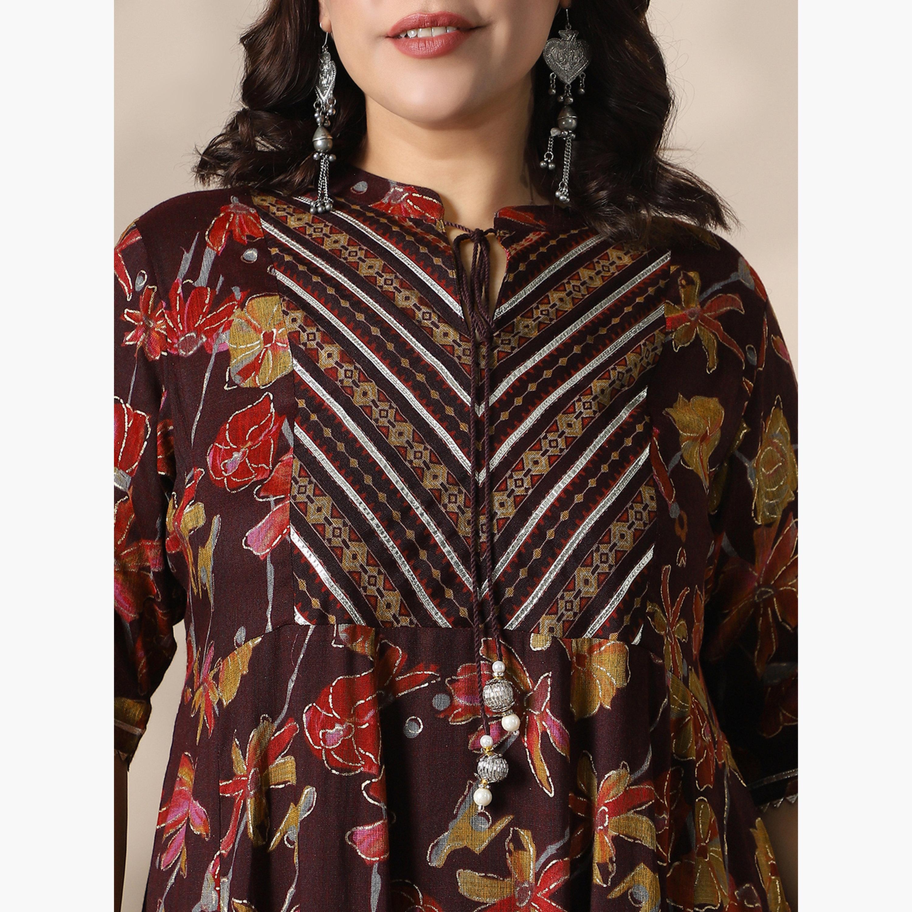 Globus X Styli Plus Size Women Wine Floral Foil Print Maxi Dress-women-clothing-ethnicwear-dresses-image-5