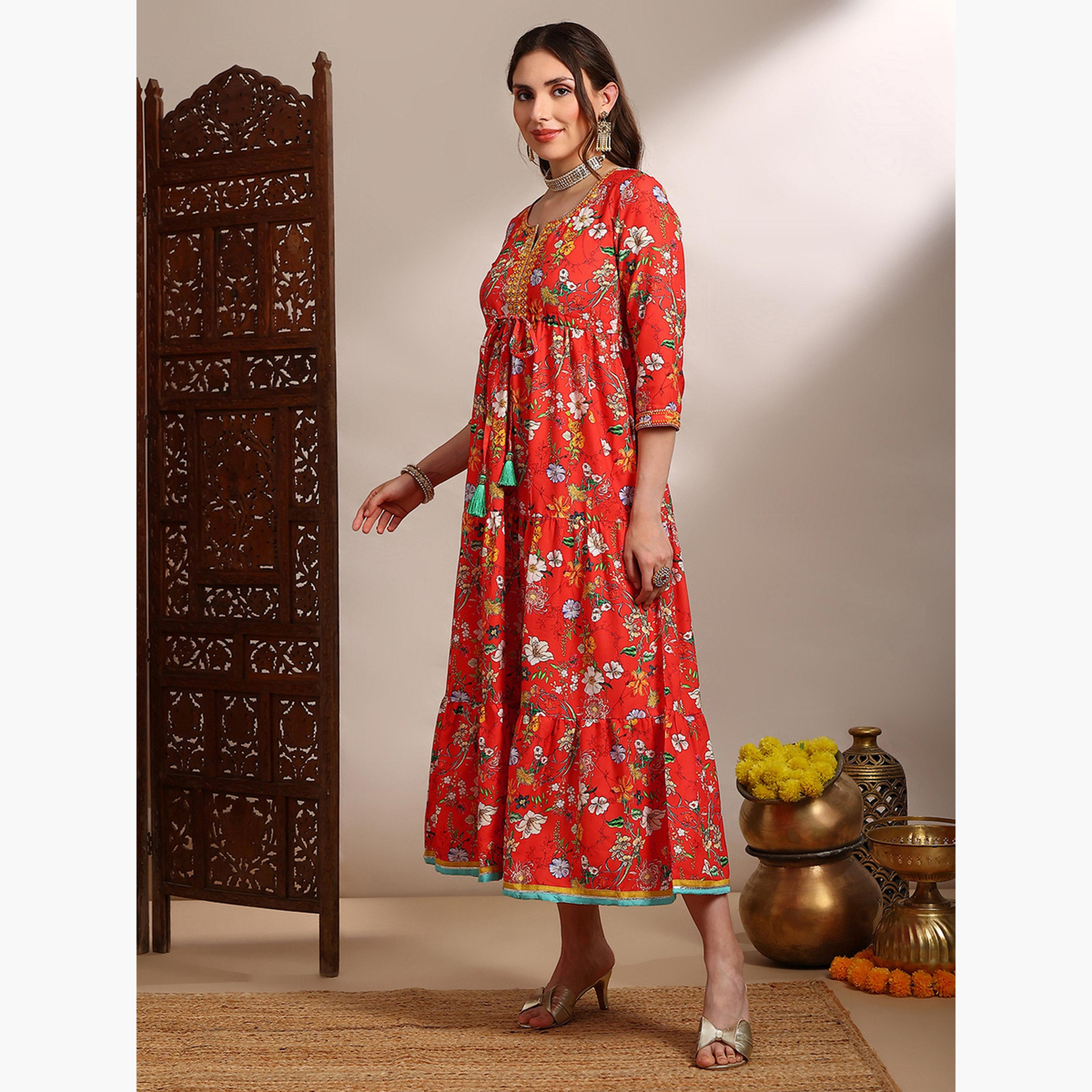 فستان ميدي مطرز بطبعة زهور-women-clothing-ethnicwear-dresses-image-2