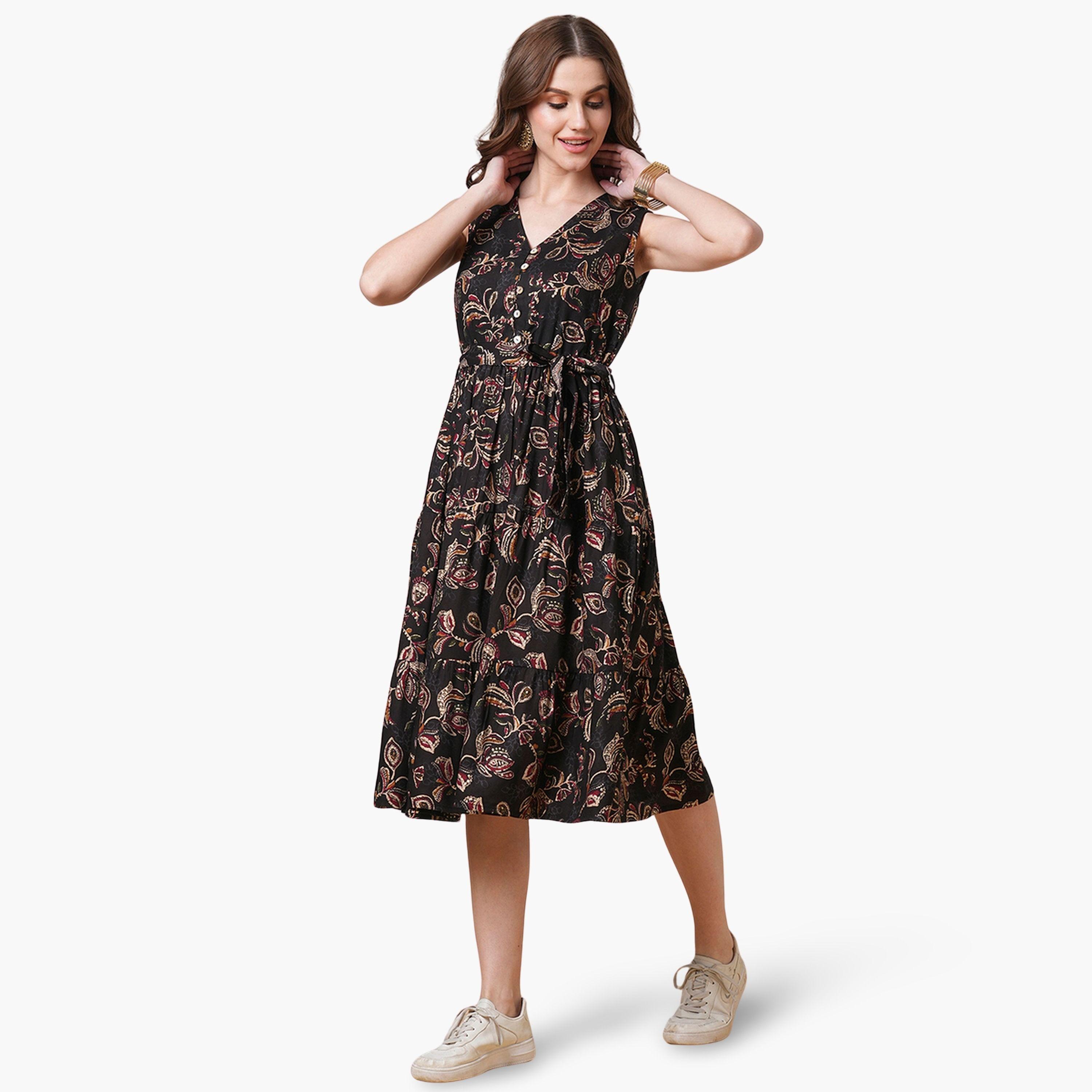 Globus X Styli Women Black Floral Printed Tiered Midi Dress-women-clothing-ethnicwear-dresses-image-1