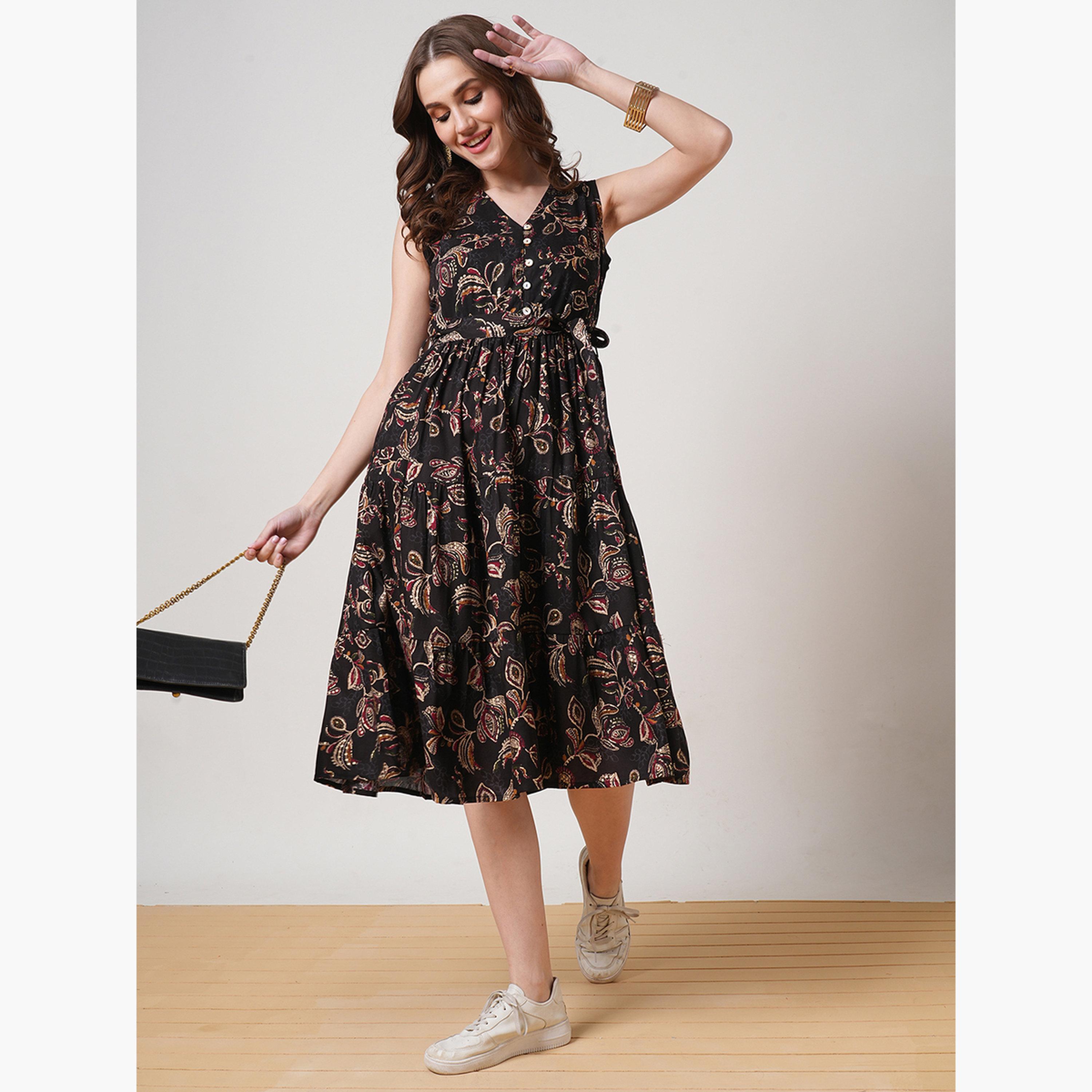 Globus X Styli Women Black Floral Printed Tiered Midi Dress-women-clothing-ethnicwear-dresses-image-2