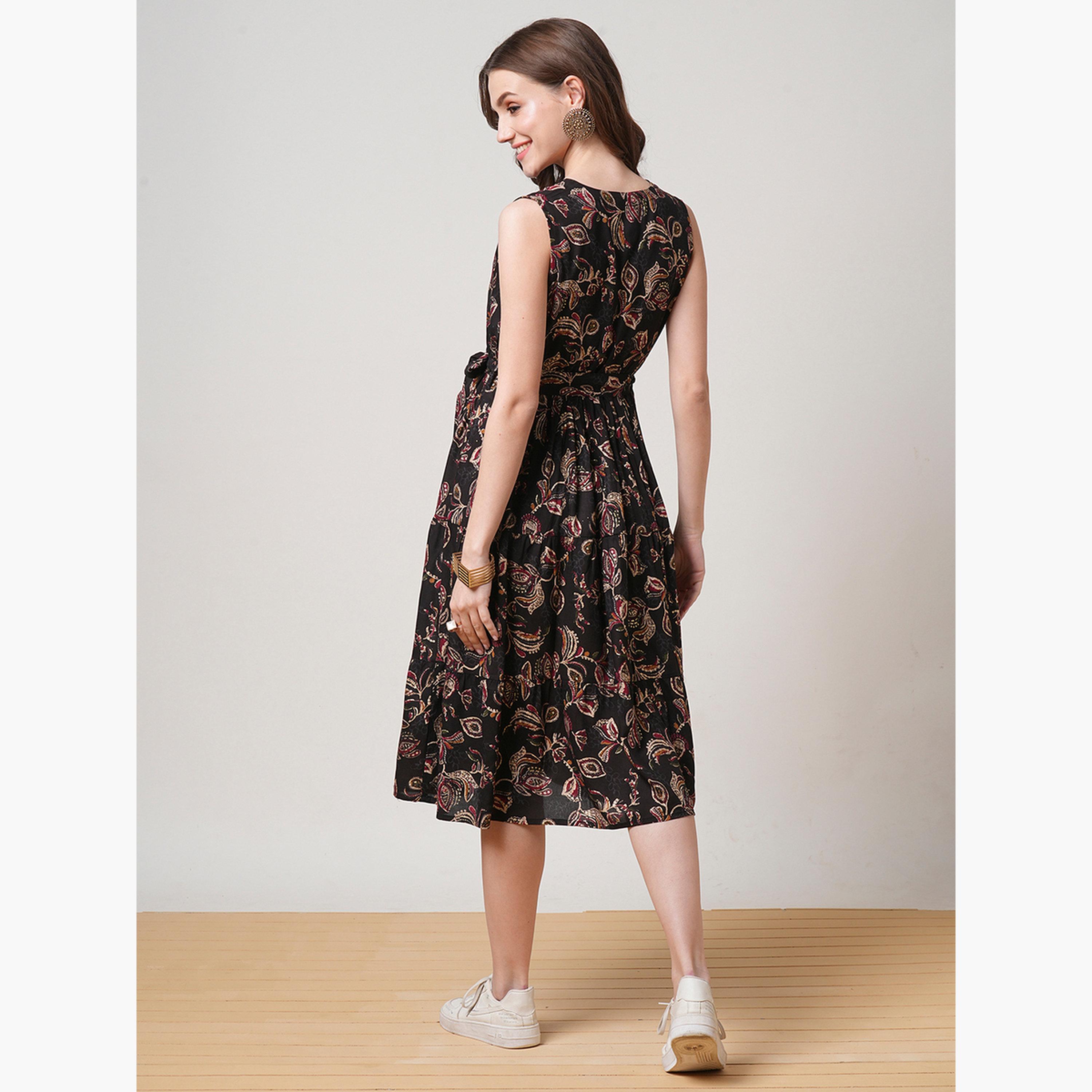 Globus X Styli Women Black Floral Printed Tiered Midi Dress-women-clothing-ethnicwear-dresses-image-3