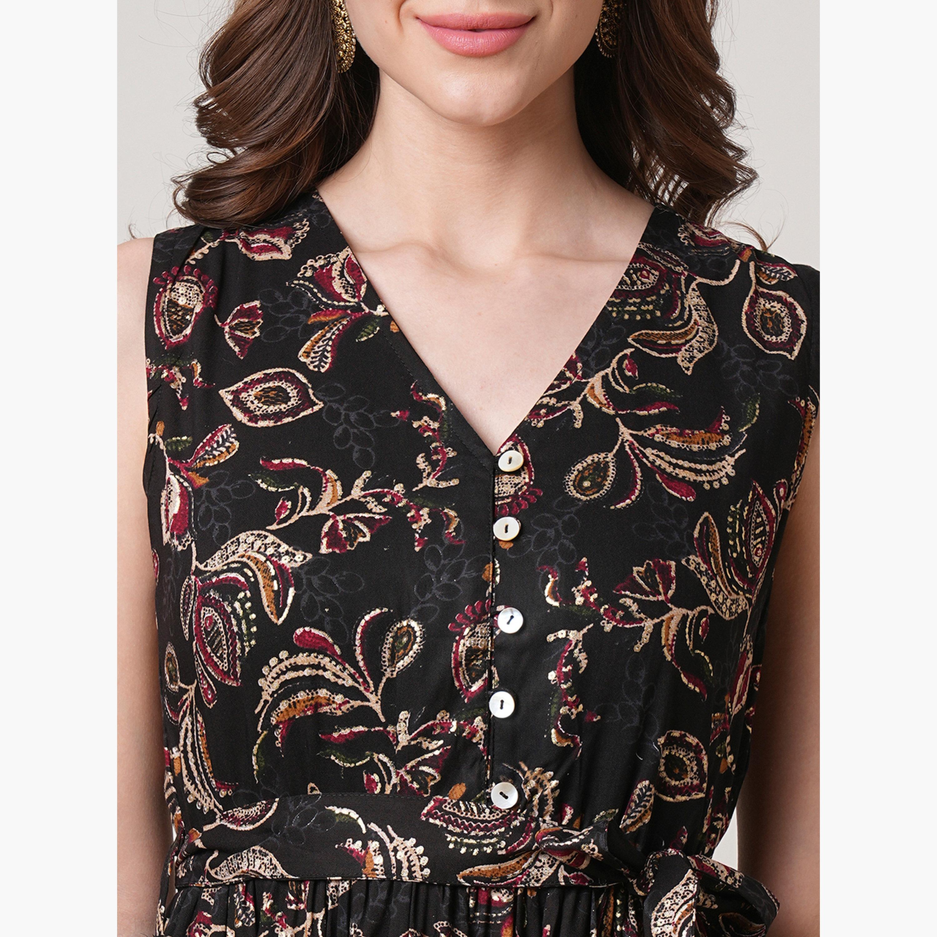 Globus X Styli Women Black Floral Printed Tiered Midi Dress-women-clothing-ethnicwear-dresses-image-5