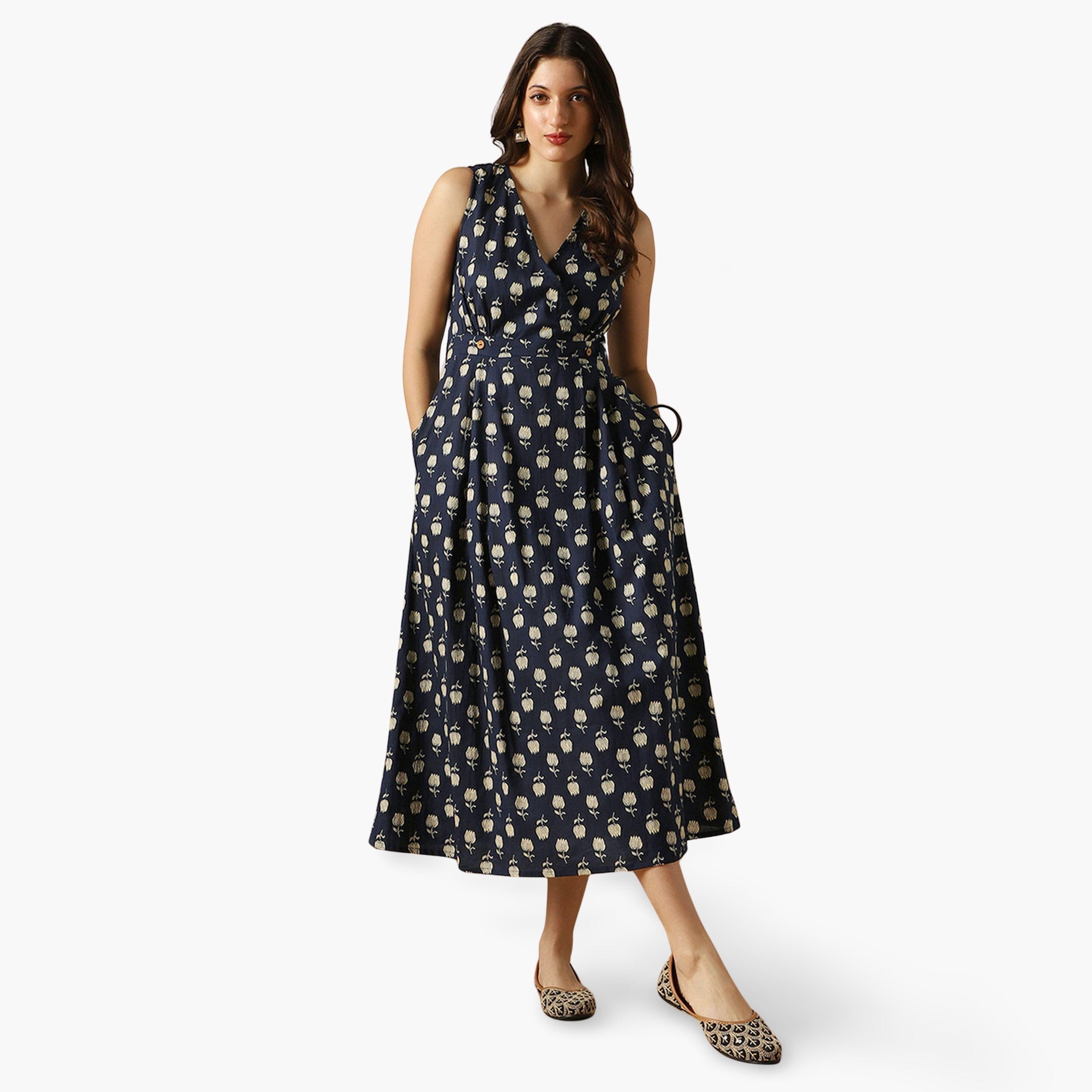 فستان ميدي بتصميم لف وطبعة زهور-women-clothing-ethnicwear-dresses-image-1