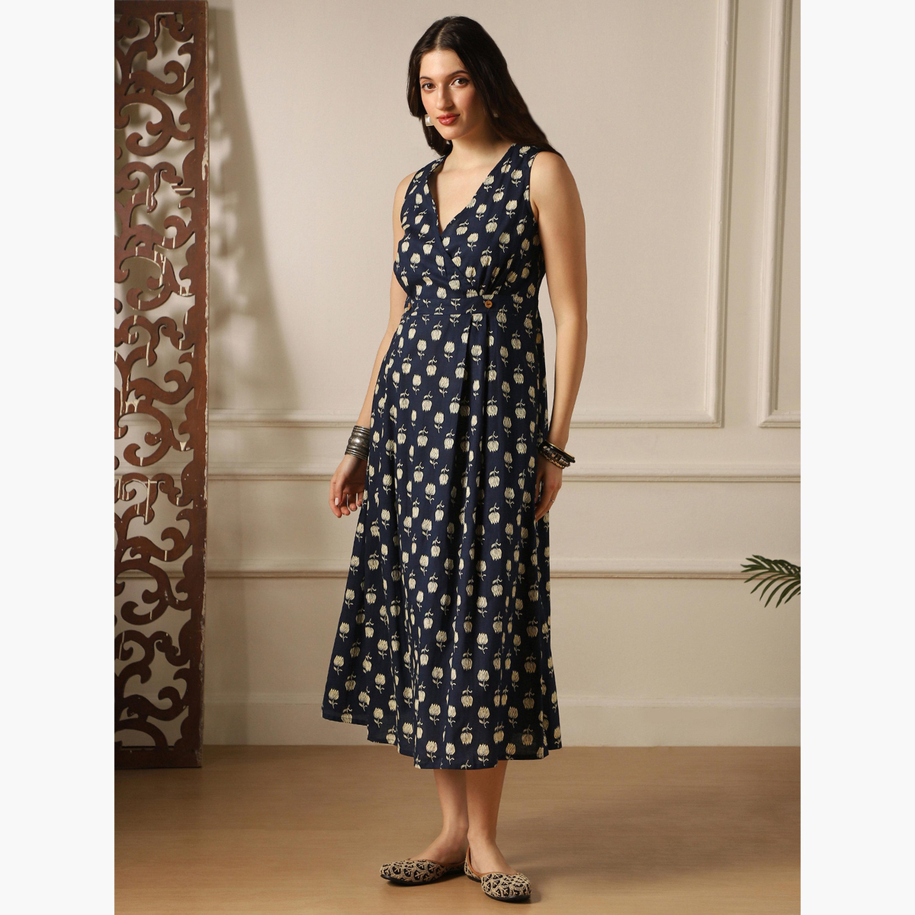 فستان ميدي بتصميم لف وطبعة زهور-women-clothing-ethnicwear-dresses-image-2
