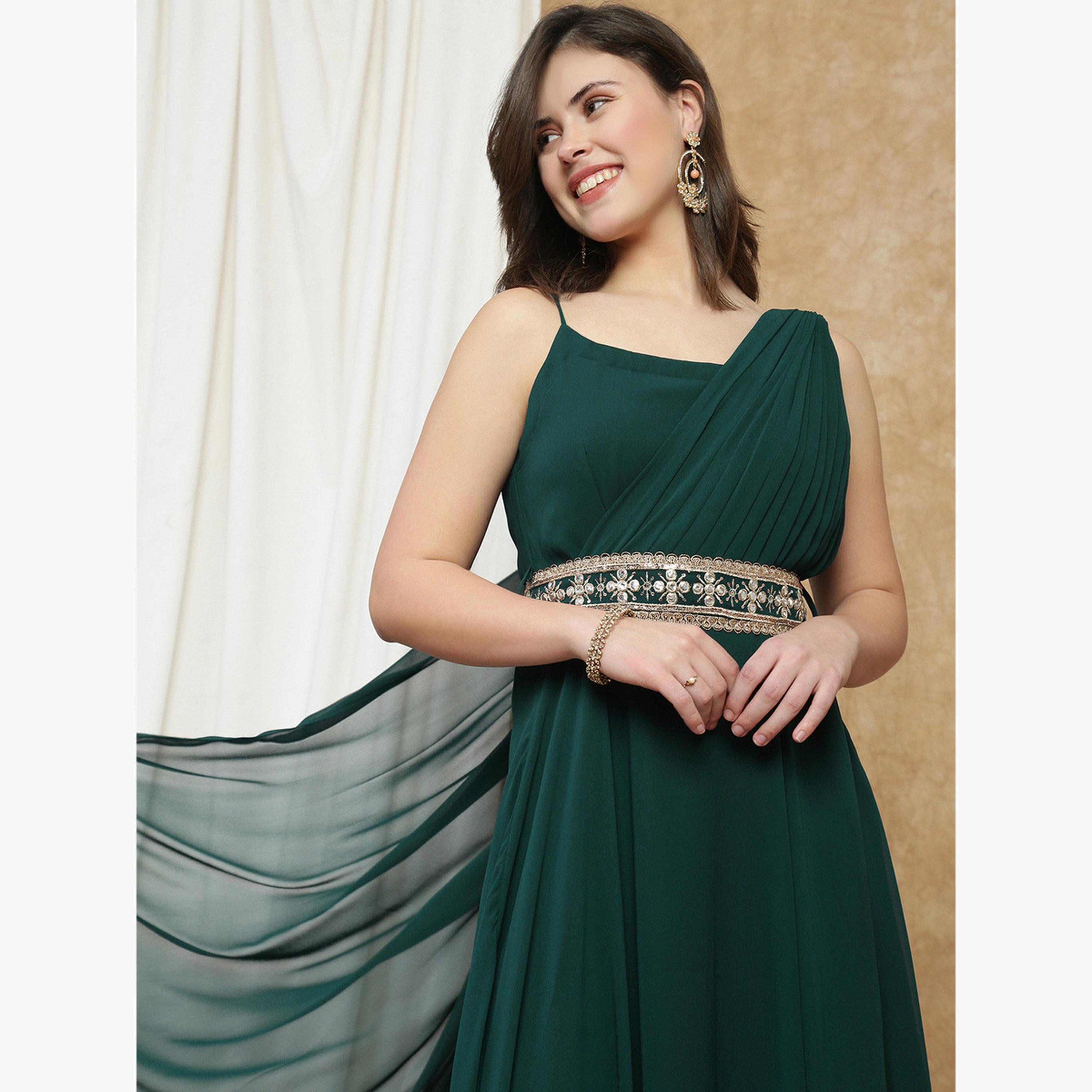 Globus X Styli Women Dark Green Strappy Embroidered Maxi Dress-women-clothing-ethnicwear-dresses-image-4