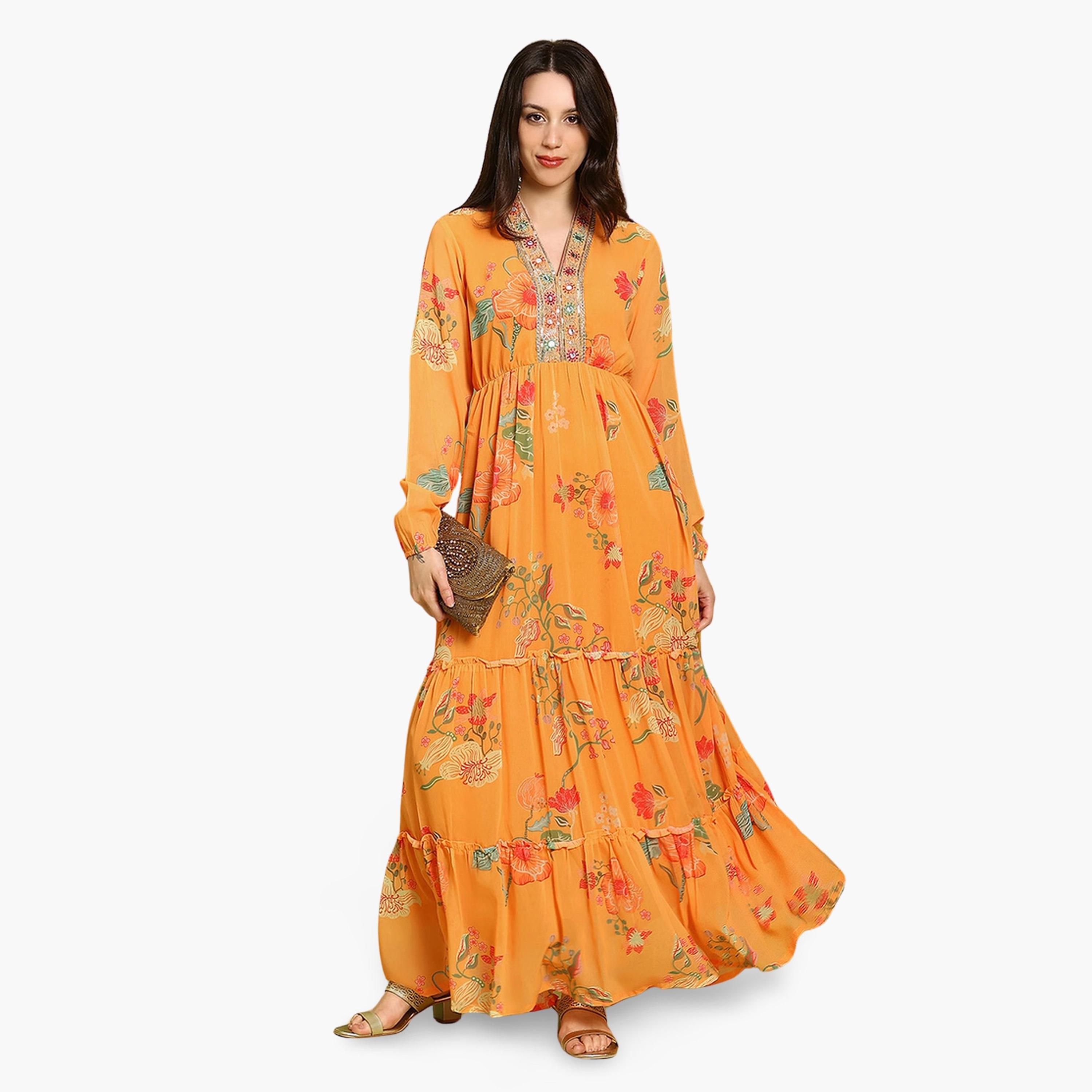 Globus X Styli Women Orange Embroidered Bishop Sleeves Maxi Dress-women-clothing-ethnicwear-dresses-image-1