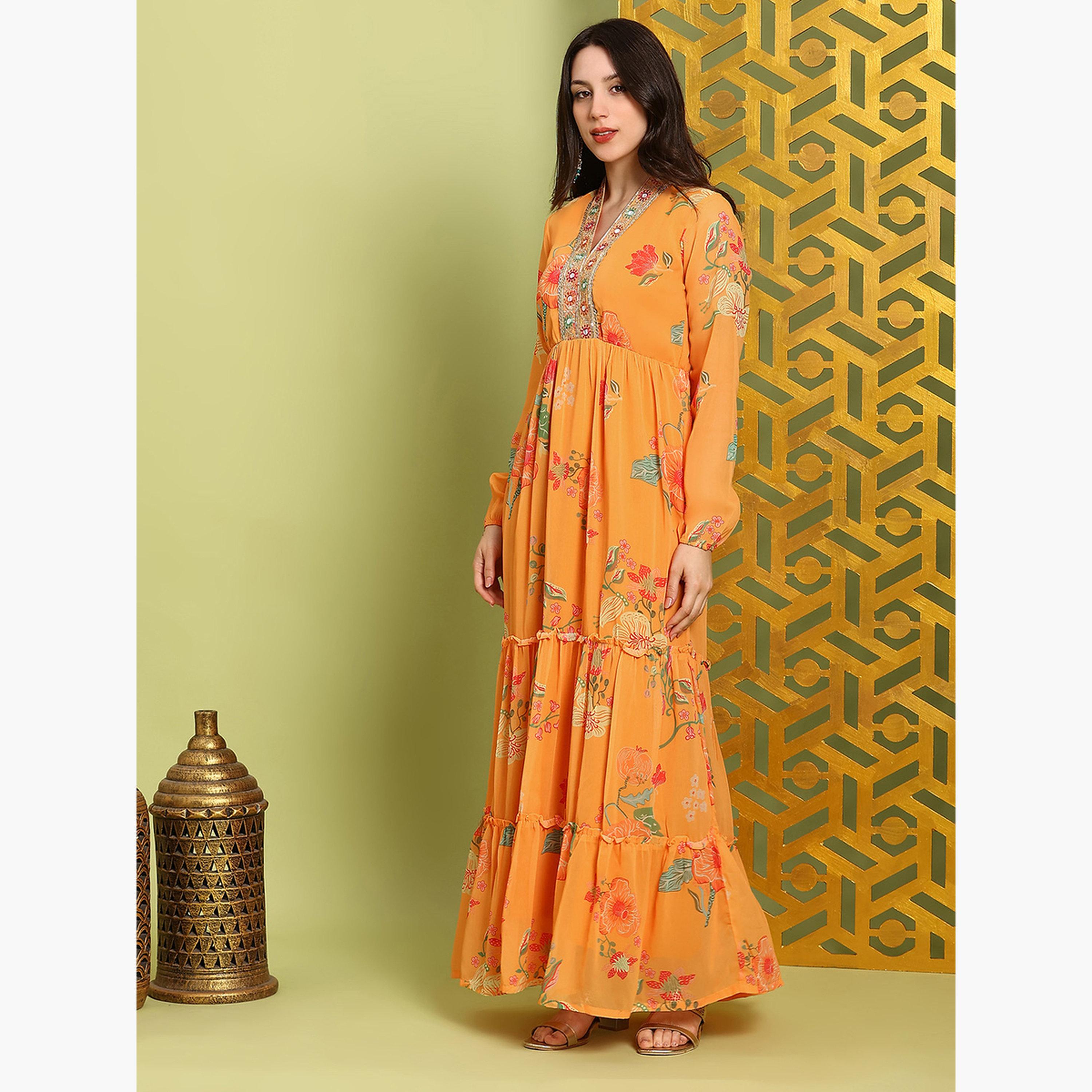 Globus X Styli Women Orange Embroidered Bishop Sleeves Maxi Dress-women-clothing-ethnicwear-dresses-image-2