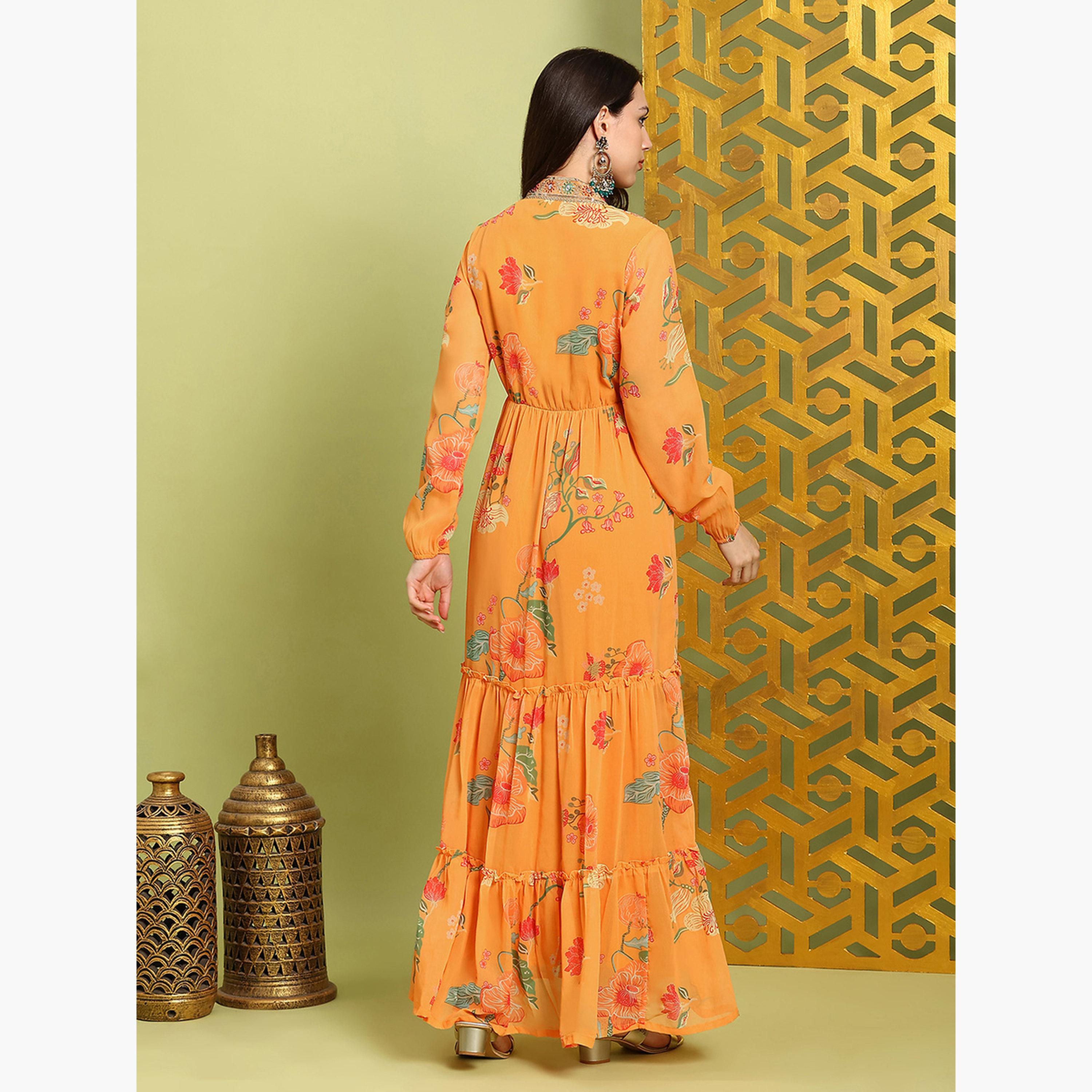Globus X Styli Women Orange Embroidered Bishop Sleeves Maxi Dress-women-clothing-ethnicwear-dresses-image-3