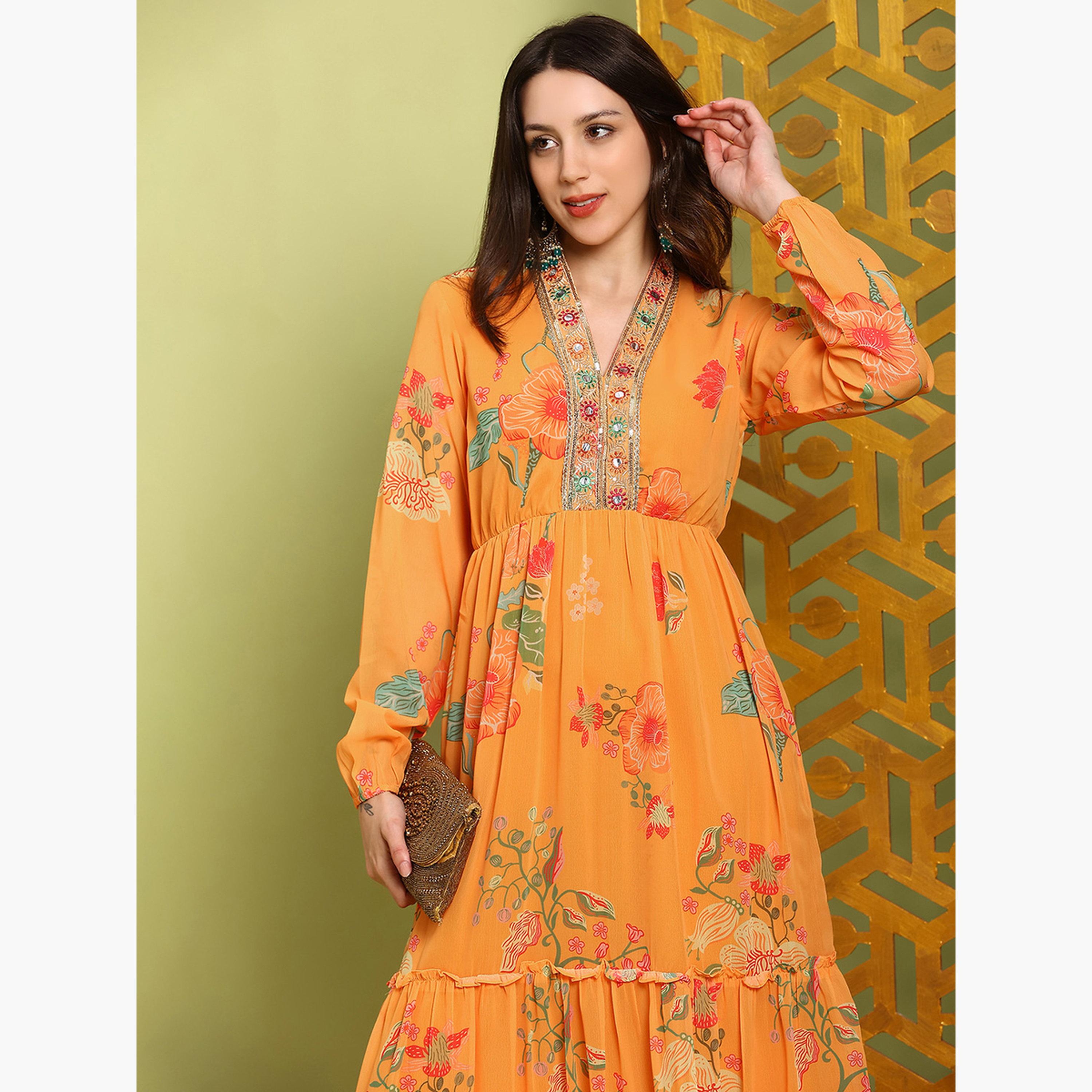 Globus X Styli Women Orange Embroidered Bishop Sleeves Maxi Dress-women-clothing-ethnicwear-dresses-image-4