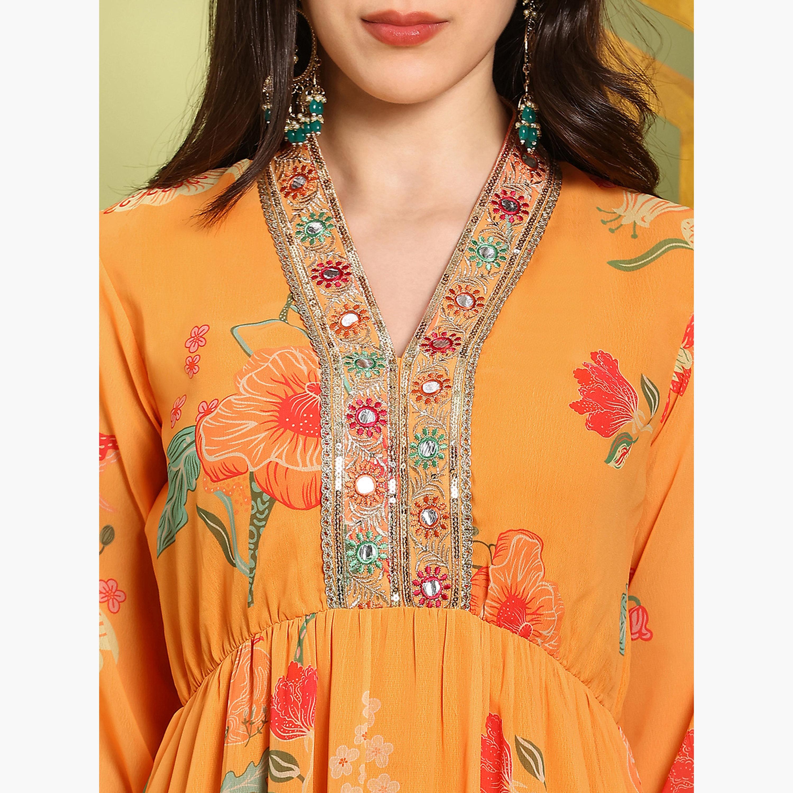 Globus X Styli Women Orange Embroidered Bishop Sleeves Maxi Dress-women-clothing-ethnicwear-dresses-image-5