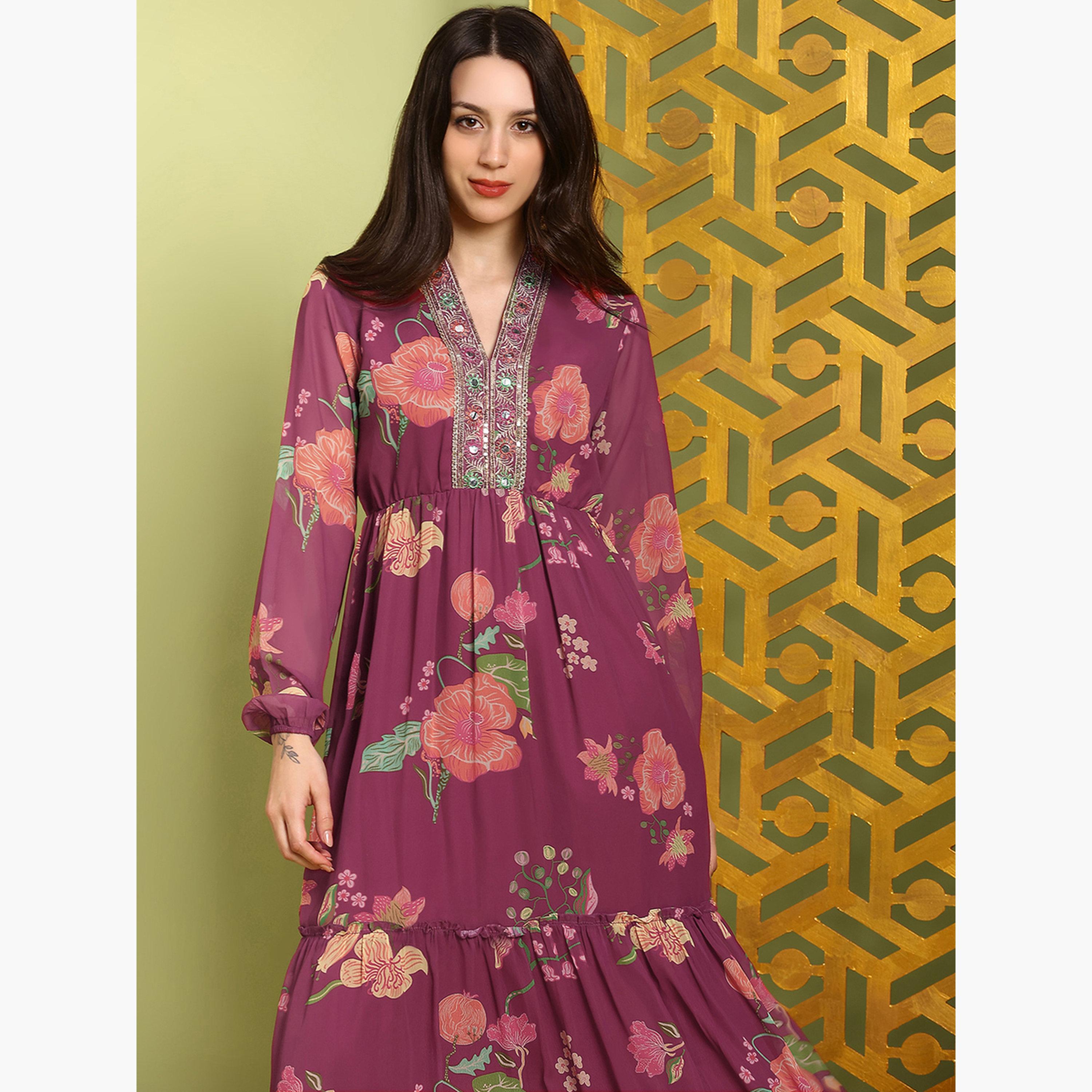 فستان ماكسي بأكمام بيشوب ومطرز-women-clothing-ethnicwear-dresses-image-4