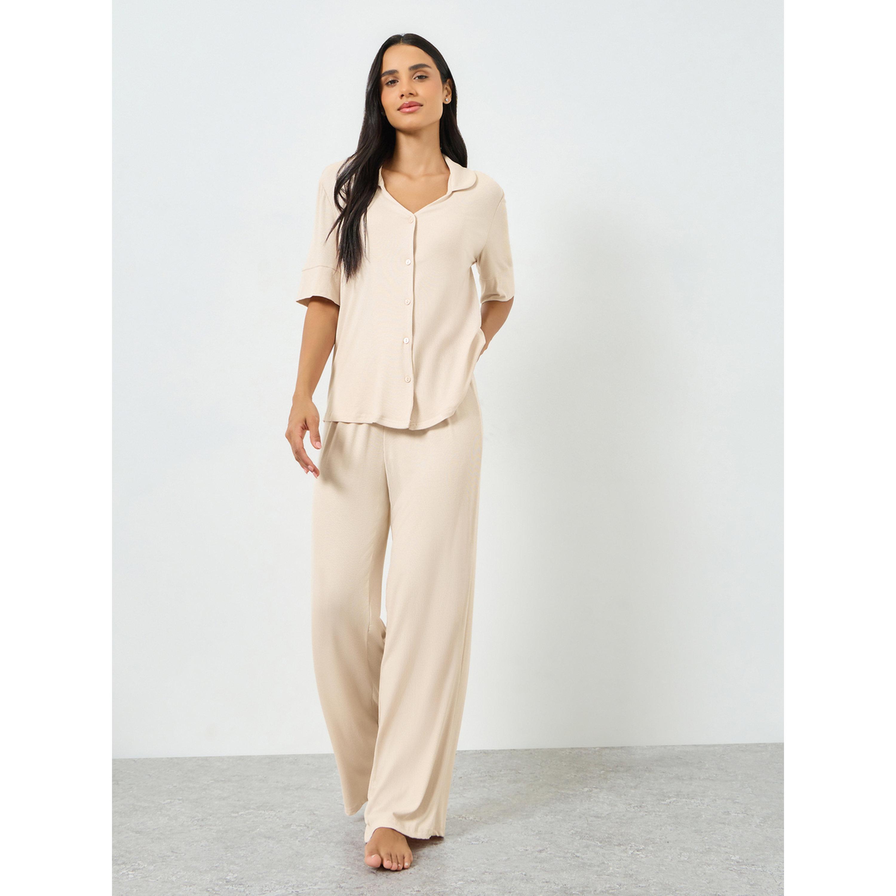 Styli Beige Viscose Ribbed Buttoned Shirt and Pyjama Set-women-clothing-nightwear-pyjamas-longsets-image-1