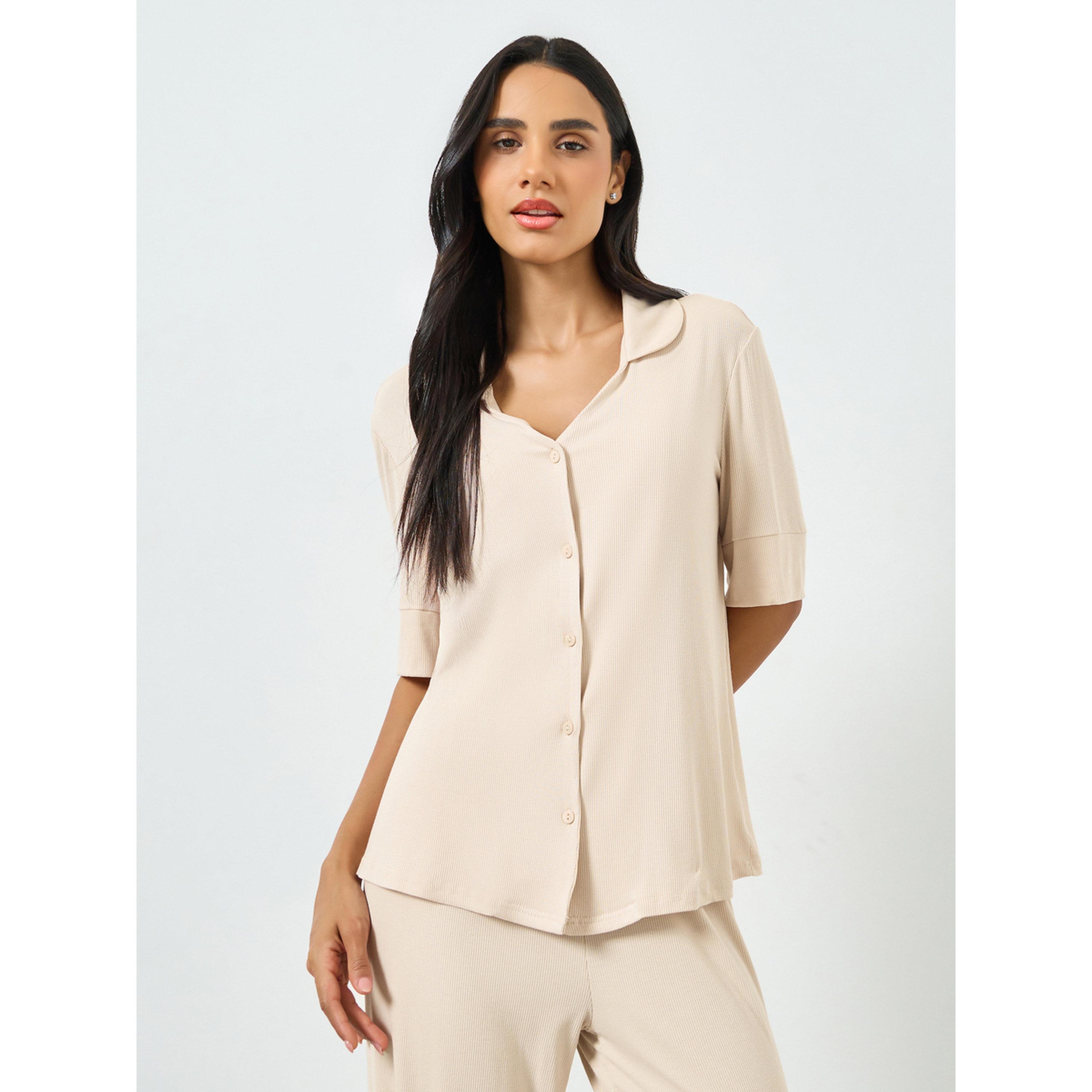 Styli Beige Viscose Ribbed Buttoned Shirt and Pyjama Set-women-clothing-nightwear-pyjamas-longsets-image-2
