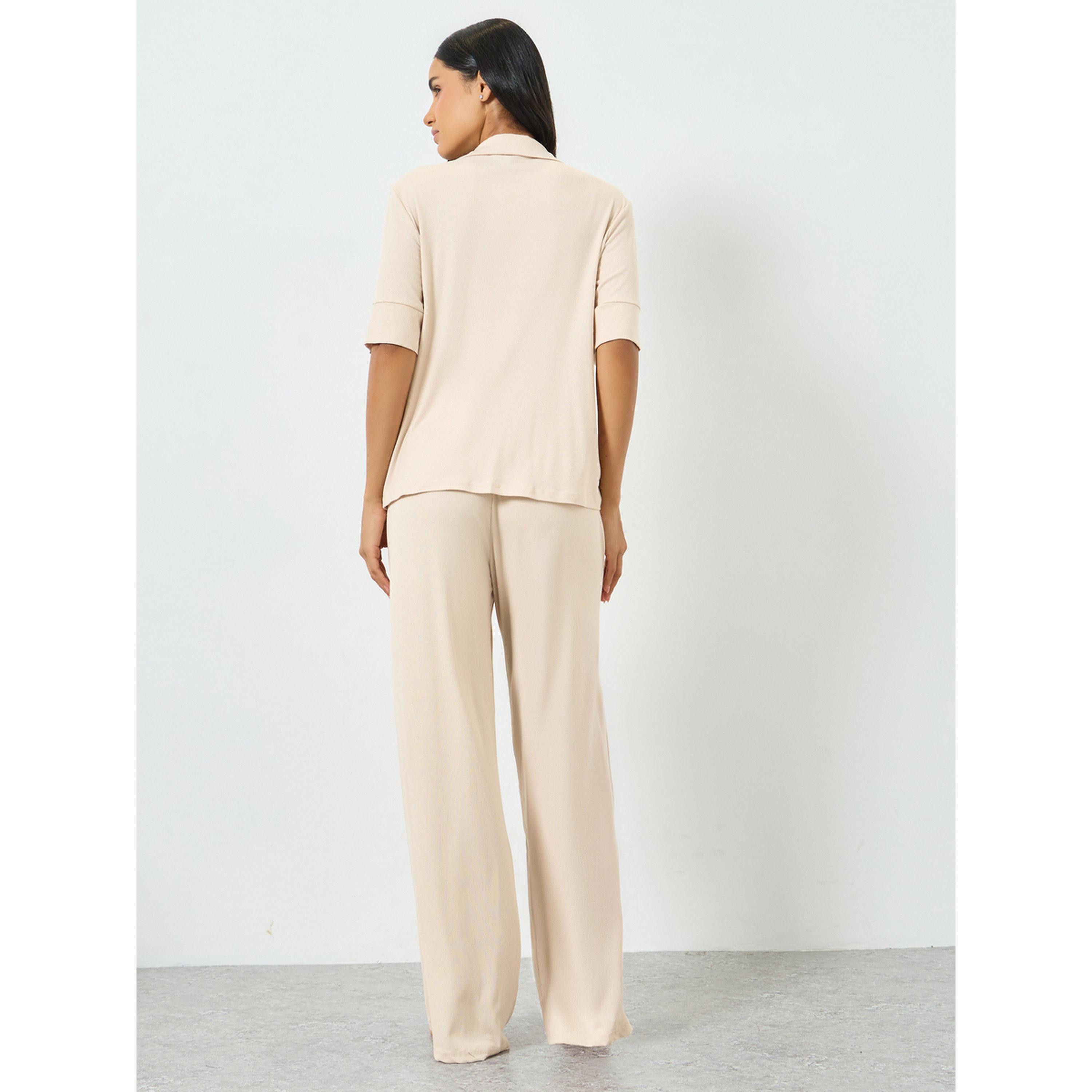 Styli Beige Viscose Ribbed Buttoned Shirt and Pyjama Set-women-clothing-nightwear-pyjamas-longsets-image-3
