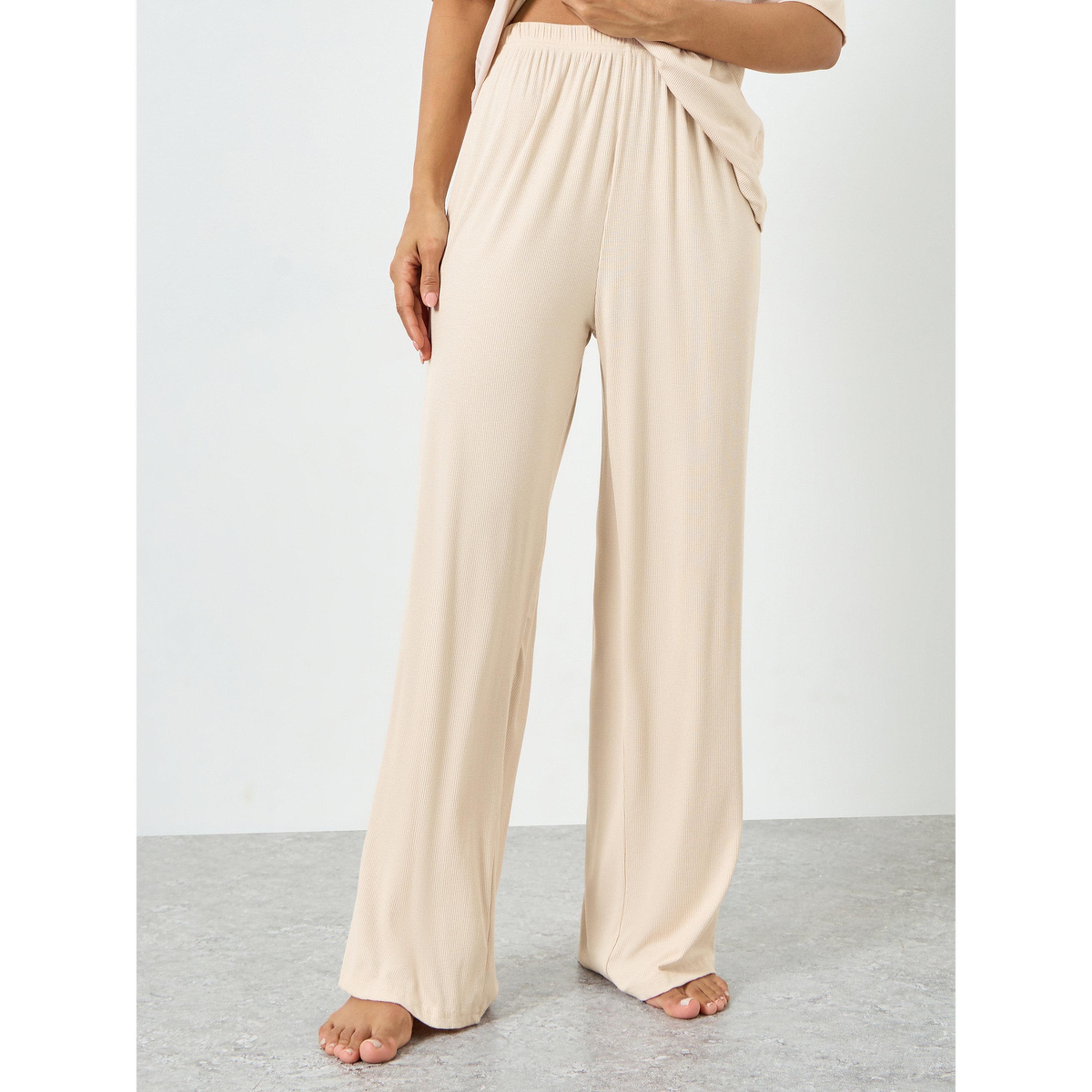 Styli Beige Viscose Ribbed Buttoned Shirt and Pyjama Set-women-clothing-nightwear-pyjamas-longsets-image-4