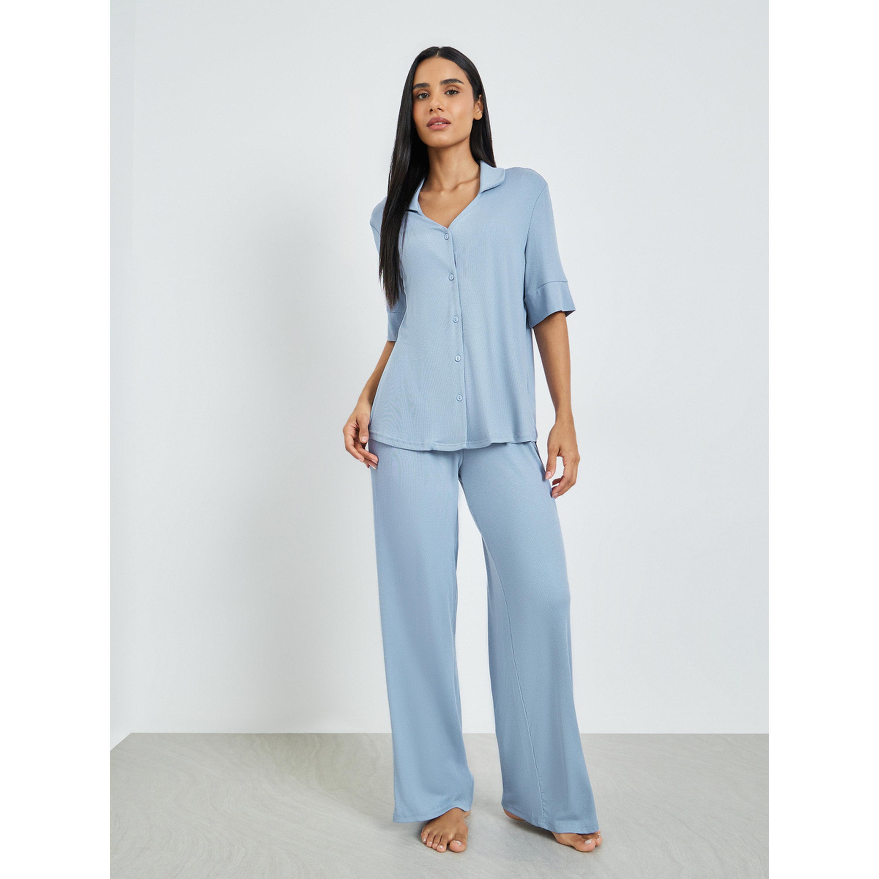 Styli Blue Viscose Ribbed Buttoned Shirt and Pyjama Set-women-clothing-nightwear-pyjamas-longsets-image-1