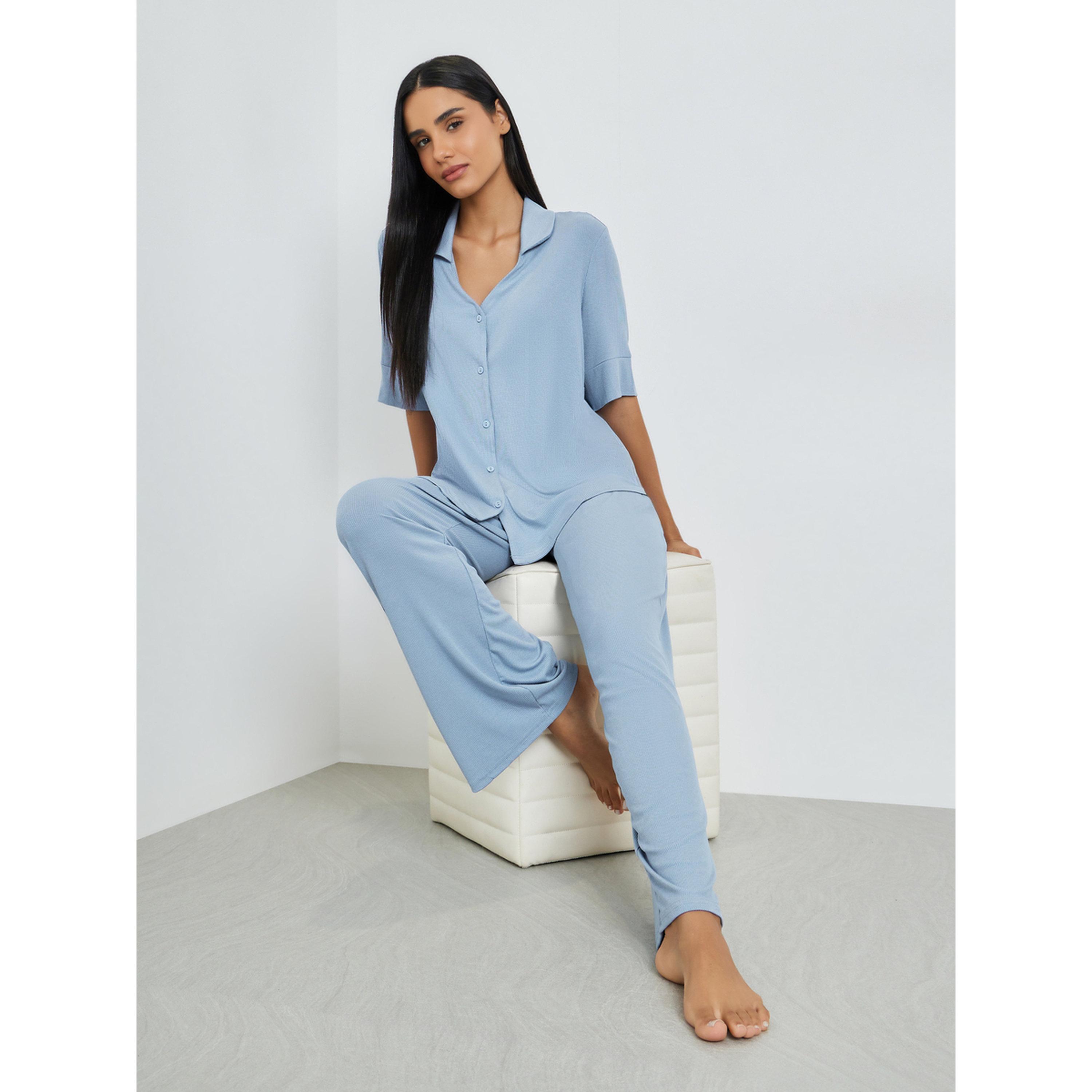 Styli Blue Viscose Ribbed Buttoned Shirt and Pyjama Set-women-clothing-nightwear-pyjamas-longsets-image-2