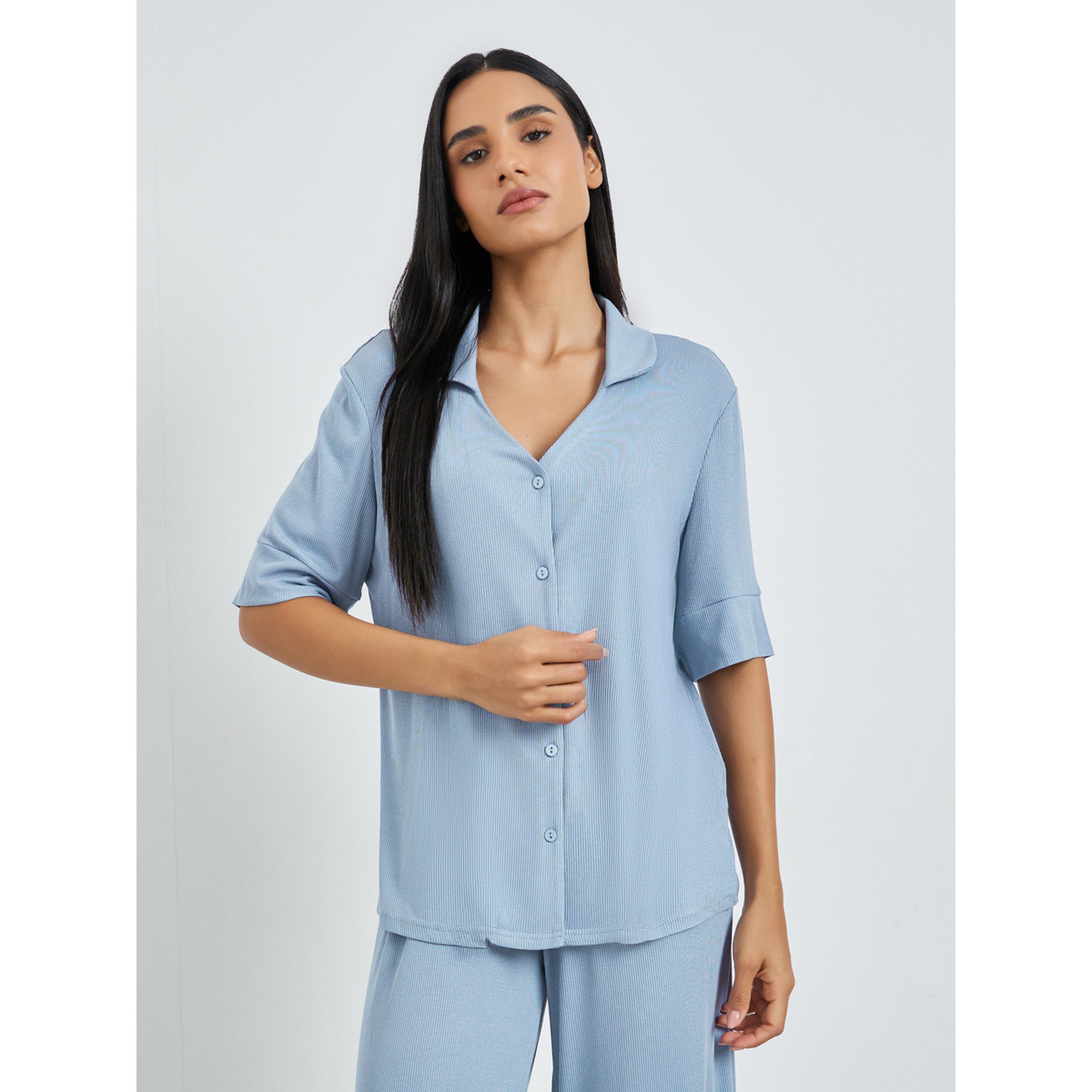 Styli Blue Viscose Ribbed Buttoned Shirt and Pyjama Set-women-clothing-nightwear-pyjamas-longsets-image-3