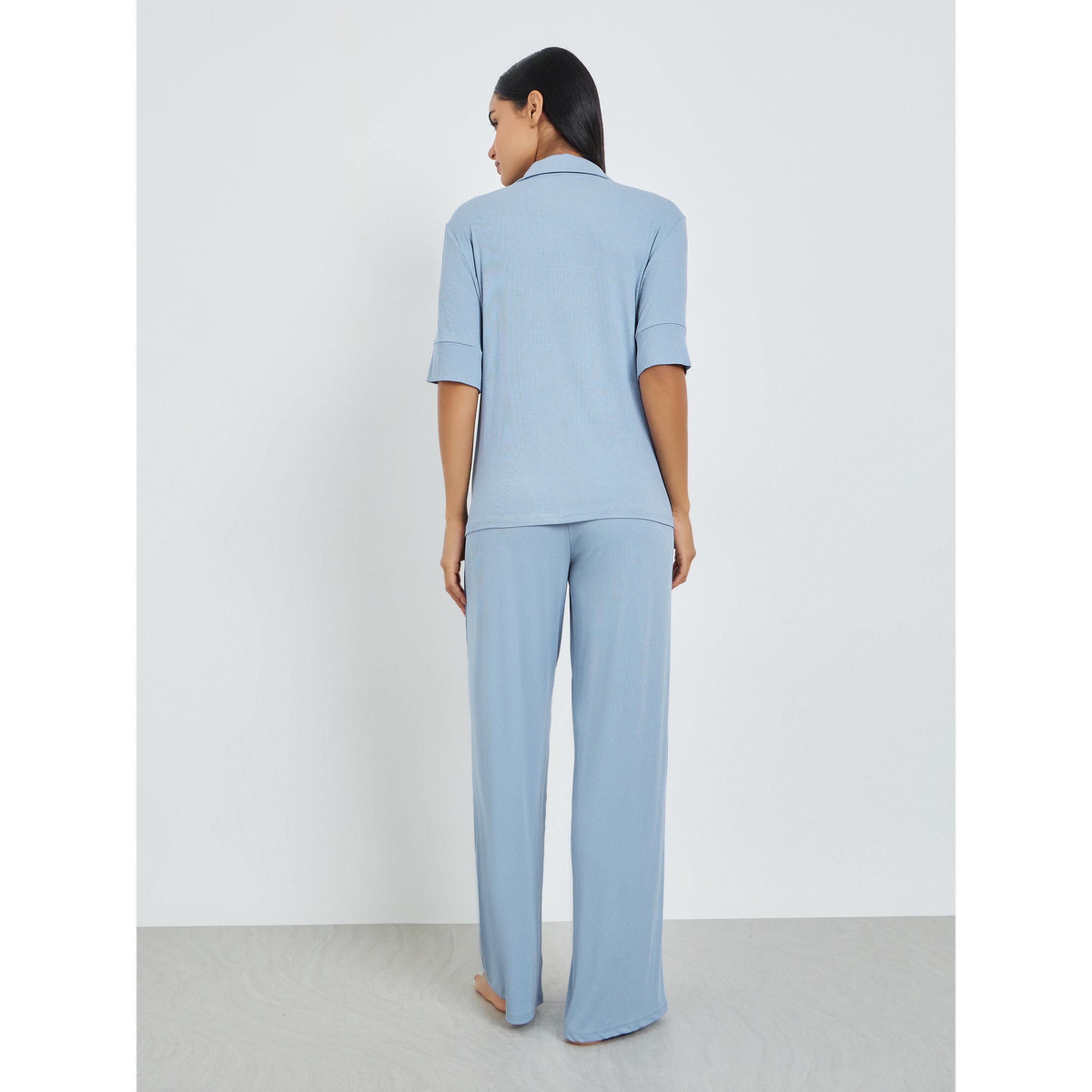 Styli Blue Viscose Ribbed Buttoned Shirt and Pyjama Set-women-clothing-nightwear-pyjamas-longsets-image-4