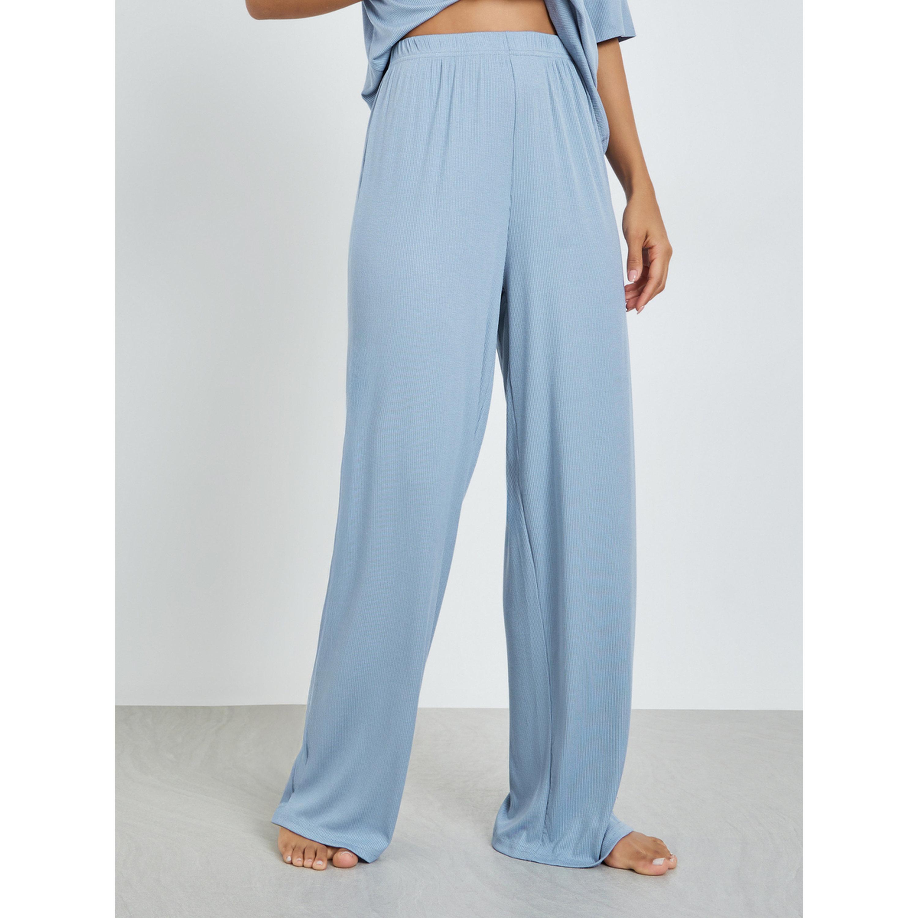 Styli Blue Viscose Ribbed Buttoned Shirt and Pyjama Set-women-clothing-nightwear-pyjamas-longsets-image-5