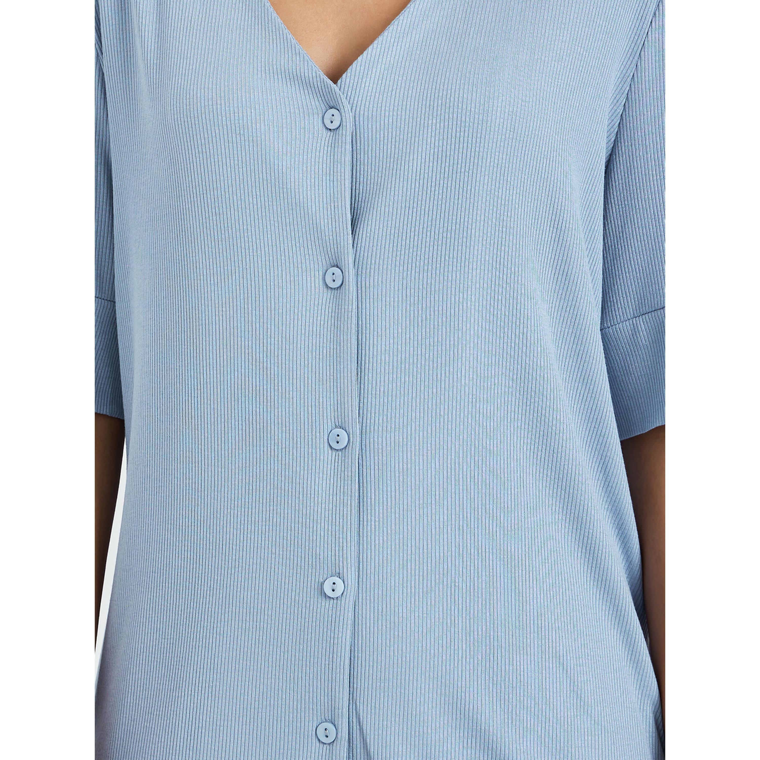 Styli Blue Viscose Ribbed Buttoned Shirt and Pyjama Set-women-clothing-nightwear-pyjamas-longsets-image-6