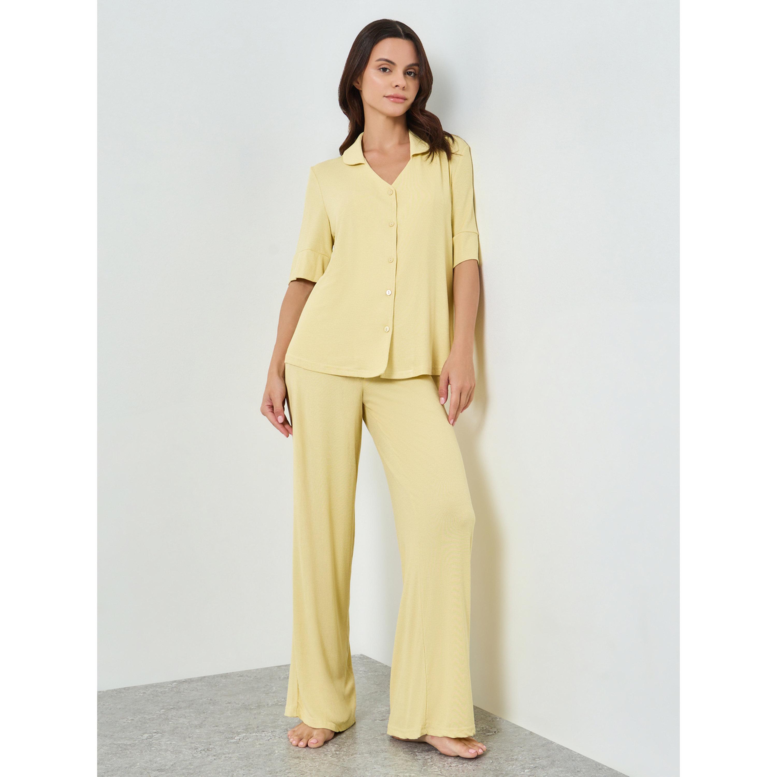 Styli Yellow Viscose Ribbed Buttoned Shirt and Pyjama Set-women-clothing-nightwear-pyjamas-longsets-image-1