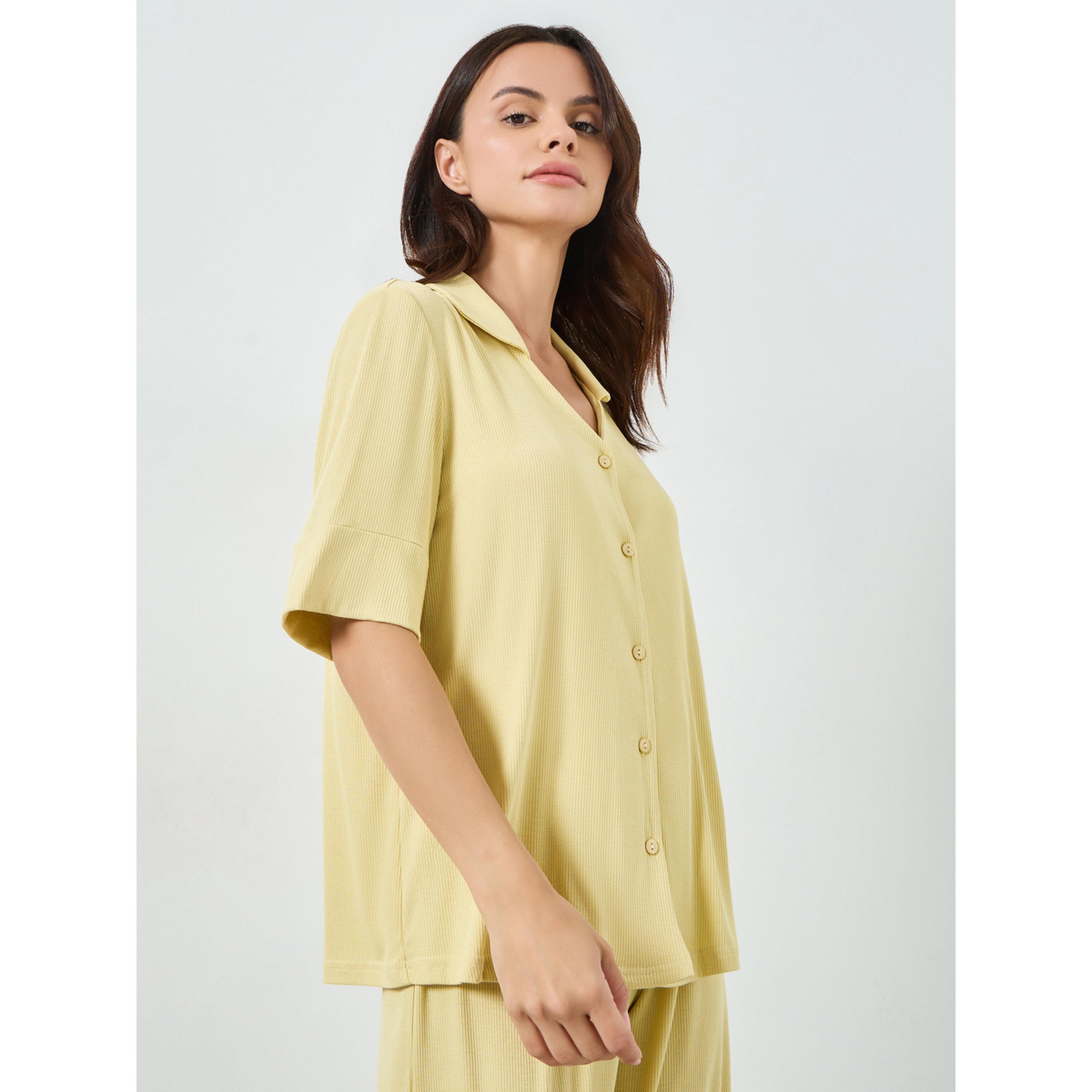 Styli Yellow Viscose Ribbed Buttoned Shirt and Pyjama Set-women-clothing-nightwear-pyjamas-longsets-image-2