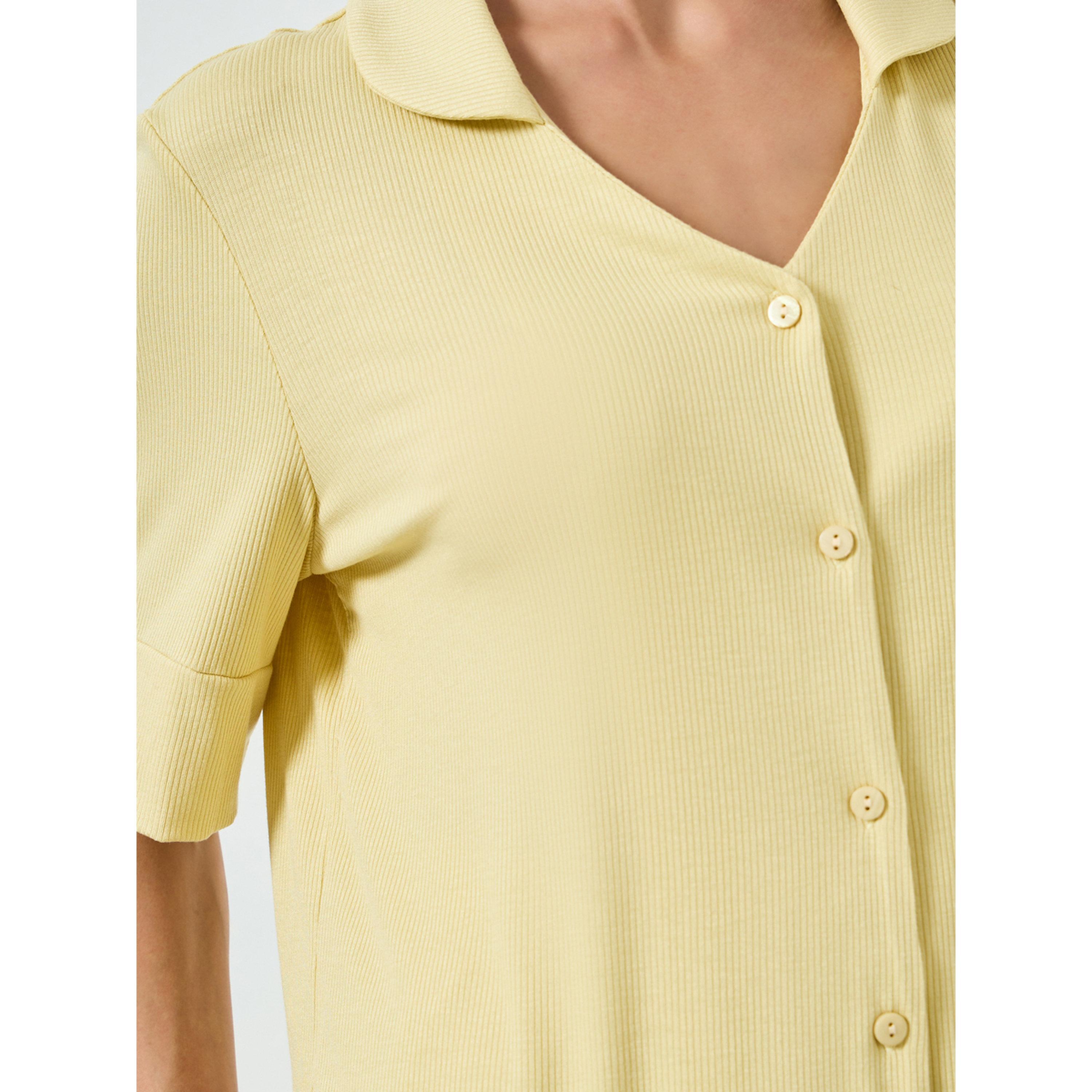 Styli Yellow Viscose Ribbed Buttoned Shirt and Pyjama Set-women-clothing-nightwear-pyjamas-longsets-image-5