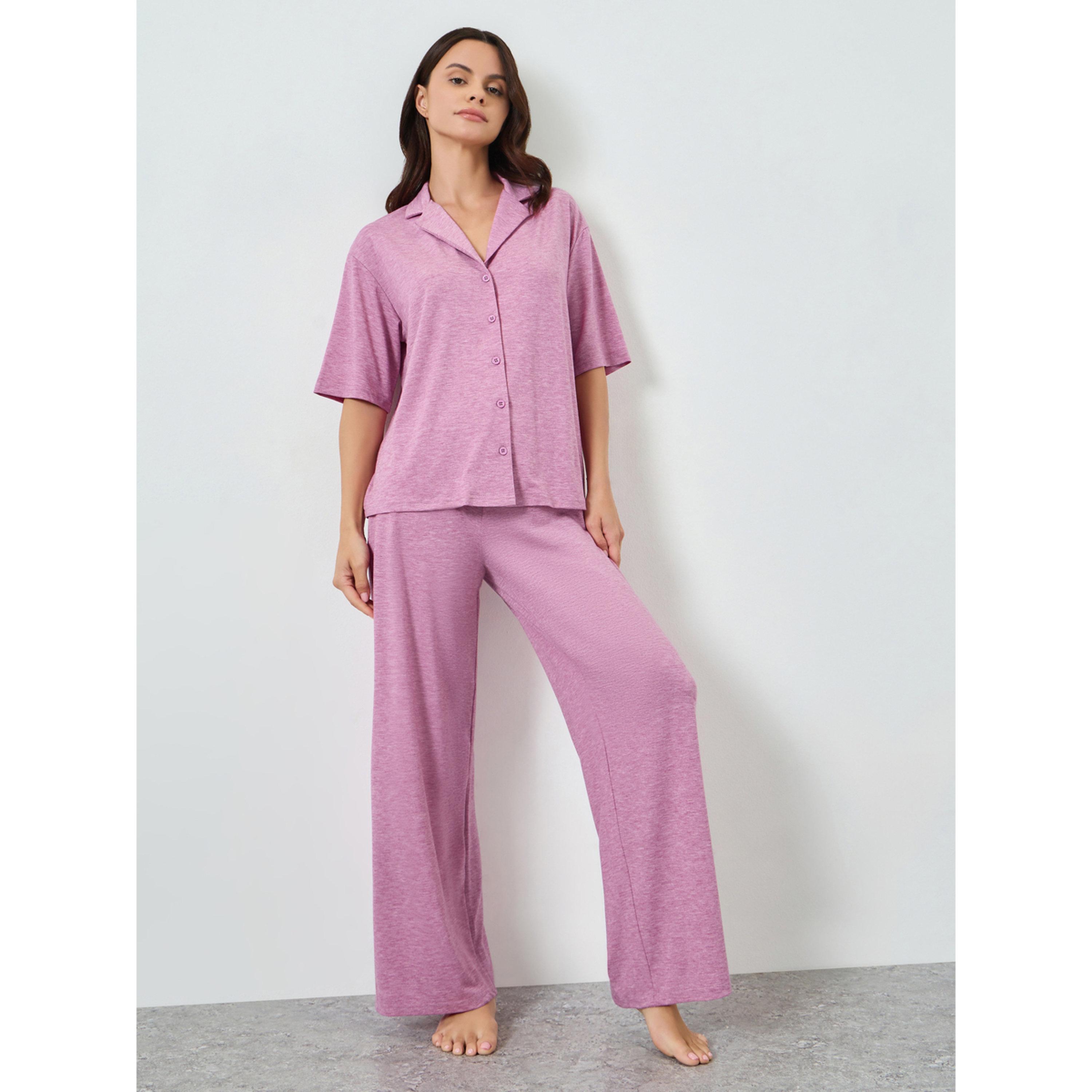 Styli Pink Melange Knit Buttoned Shirt and Pyjama Set-women-clothing-nightwear-pyjamas-longsets-image-1