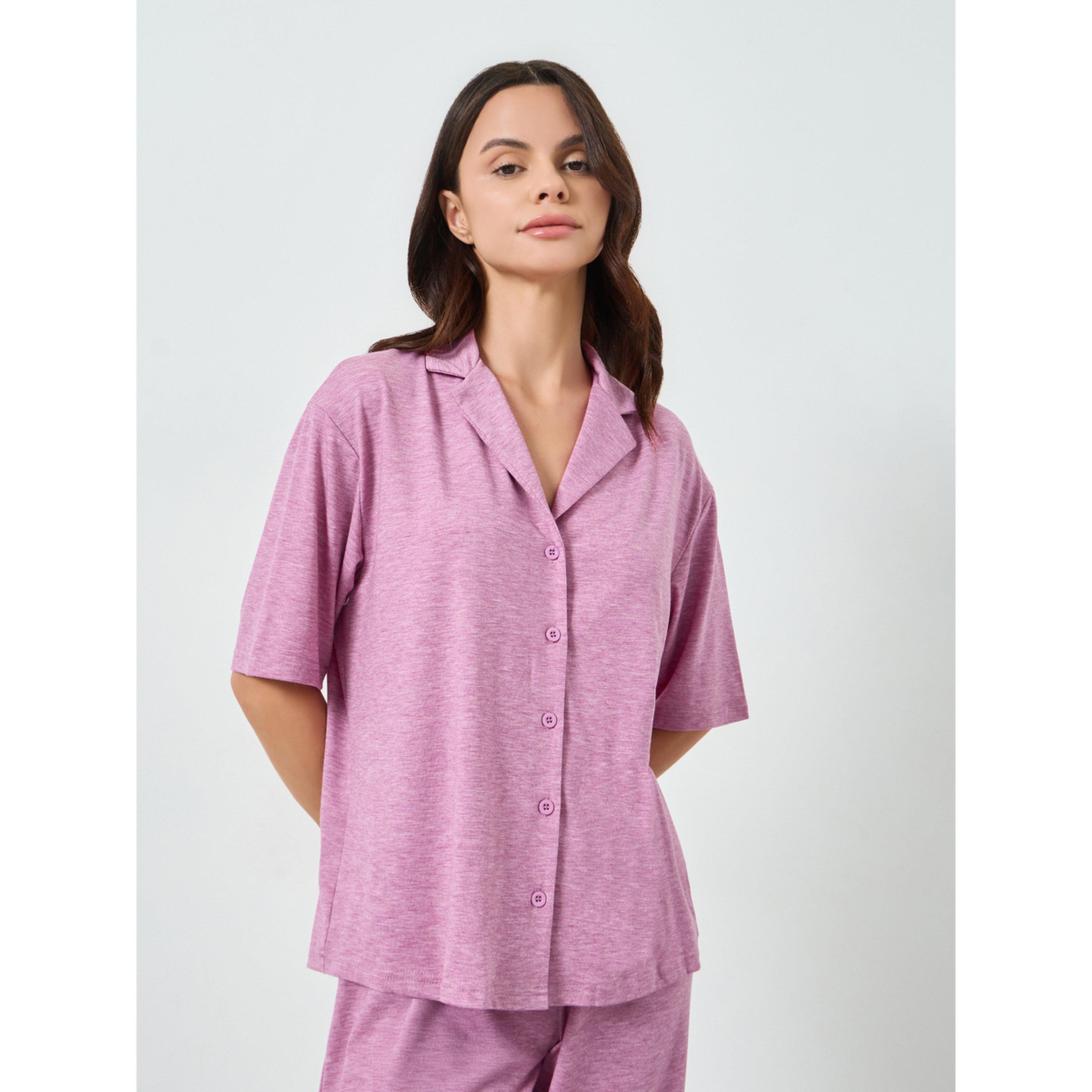 Styli Pink Melange Knit Buttoned Shirt and Pyjama Set-women-clothing-nightwear-pyjamas-longsets-image-2