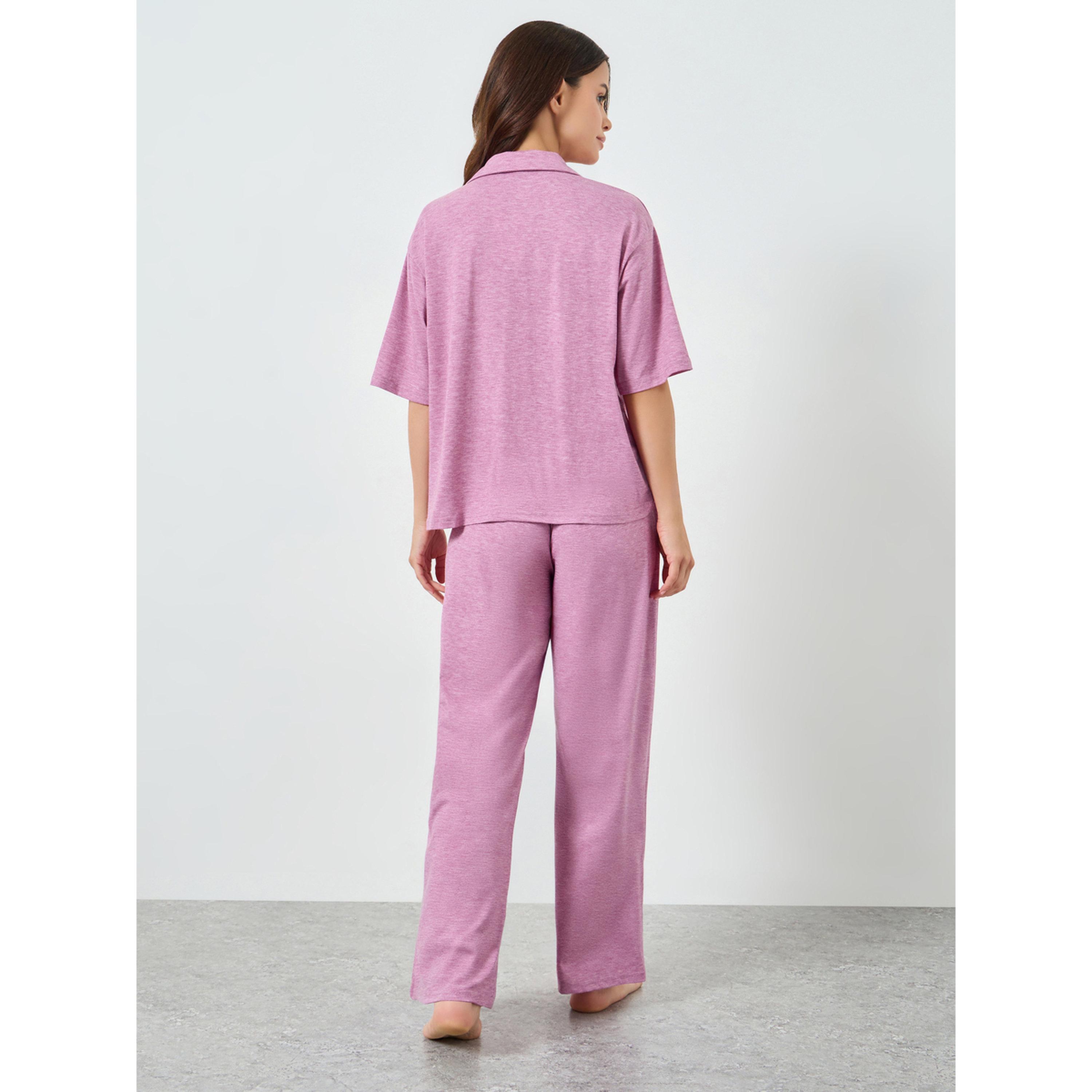 Styli Pink Melange Knit Buttoned Shirt and Pyjama Set-women-clothing-nightwear-pyjamas-longsets-image-3