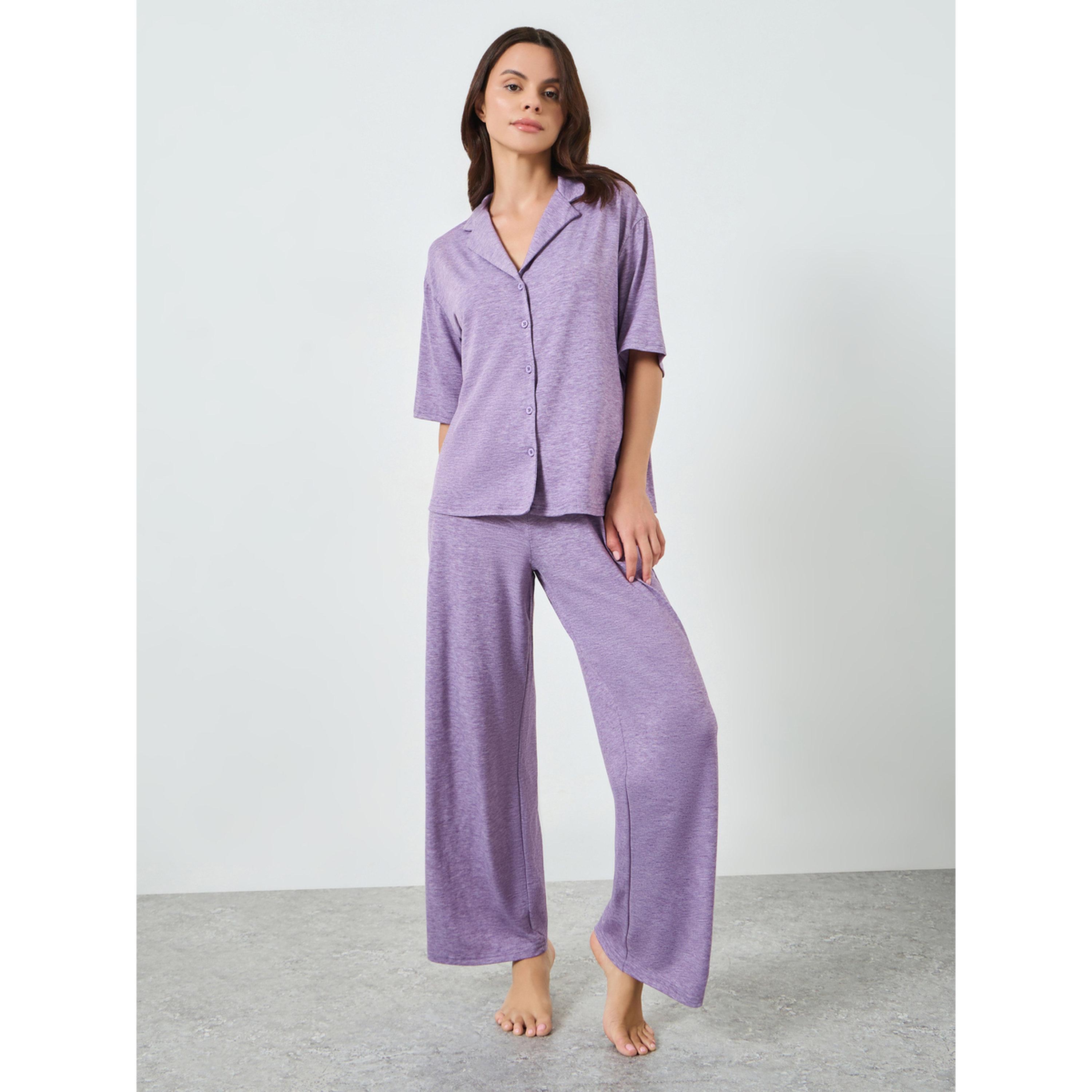 Styli Purple Melange Knit Buttoned Shirt and Pyjama Set-women-clothing-nightwear-pyjamas-longsets-image-1