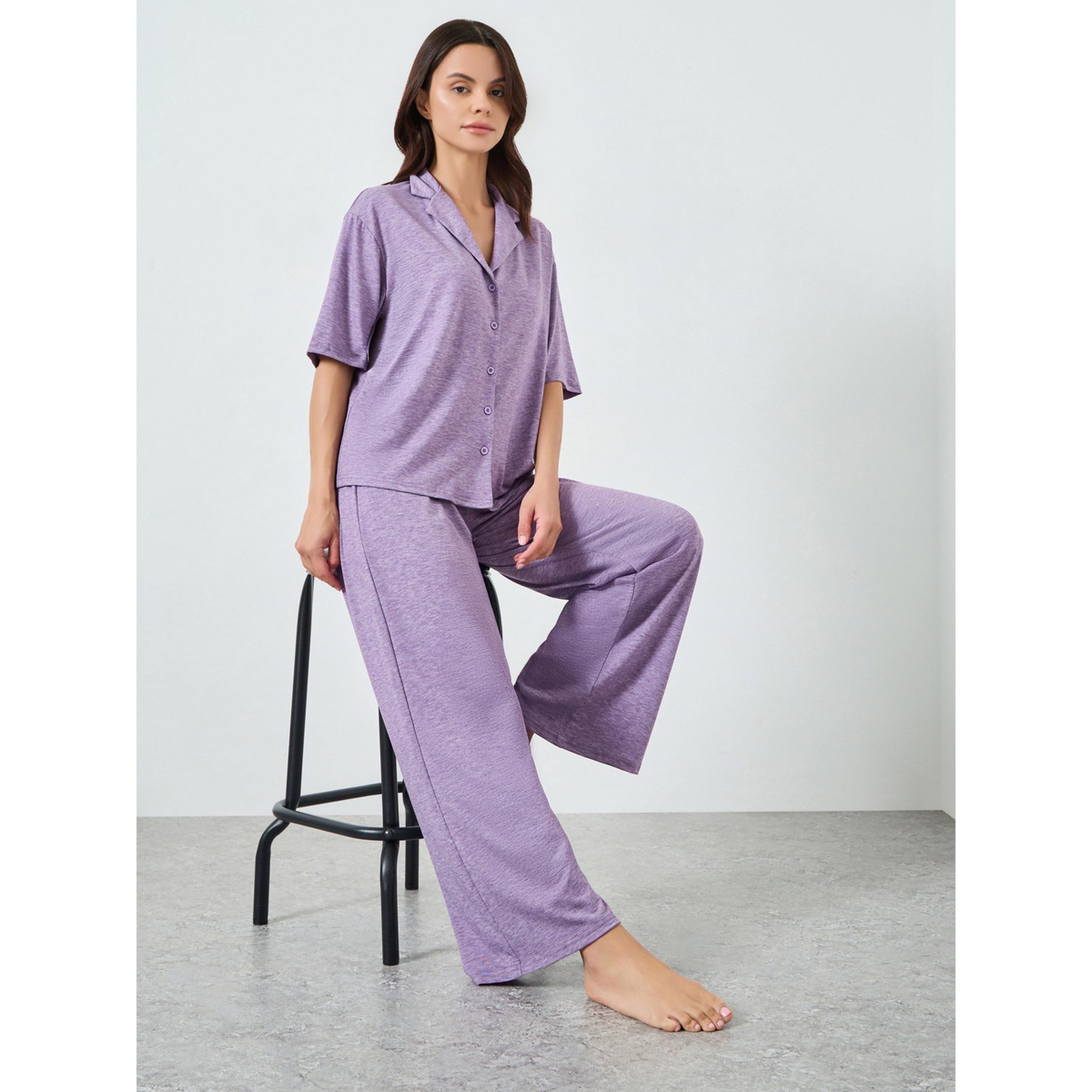 Styli Purple Melange Knit Buttoned Shirt and Pyjama Set-women-clothing-nightwear-pyjamas-longsets-image-2