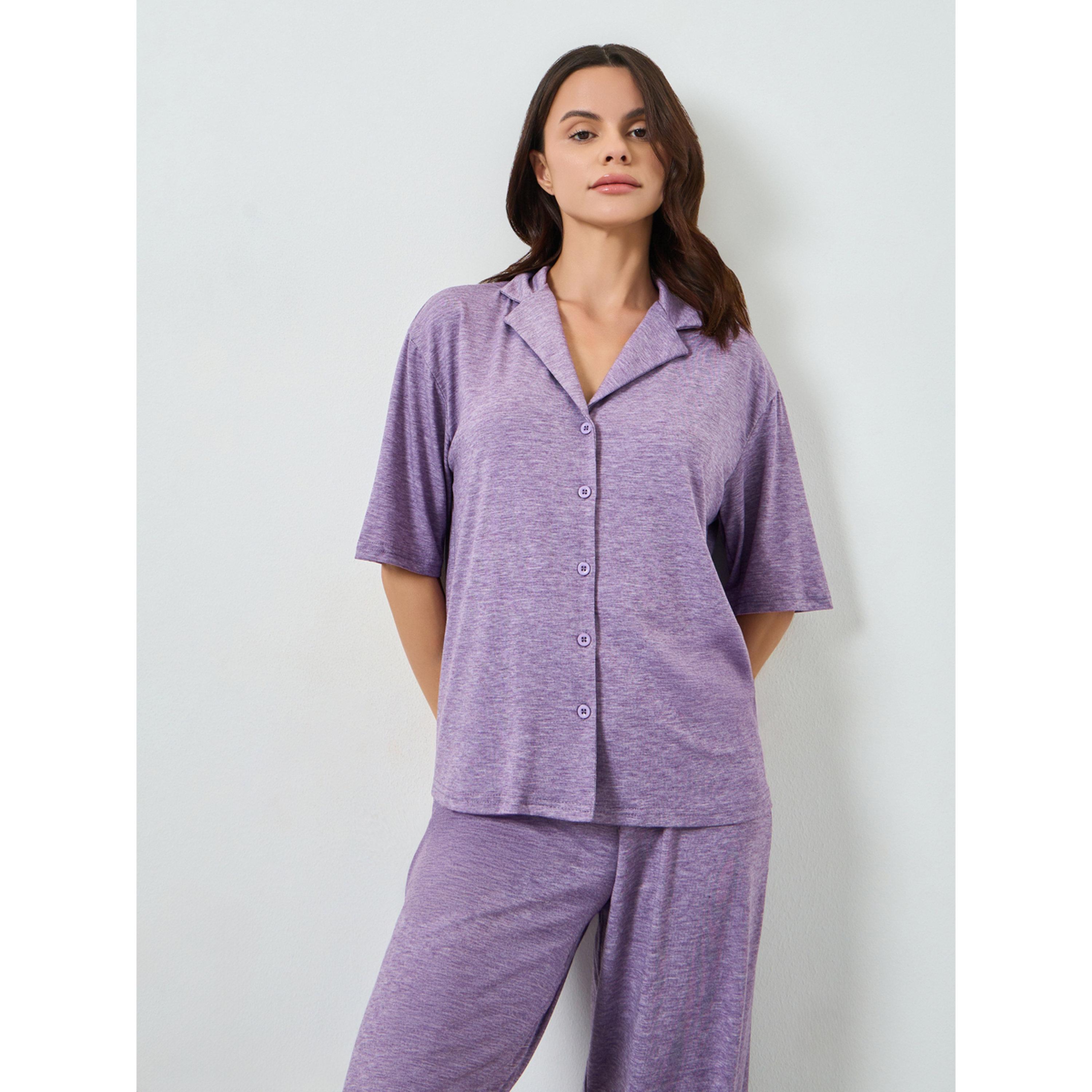 Styli Purple Melange Knit Buttoned Shirt and Pyjama Set-women-clothing-nightwear-pyjamas-longsets-image-3