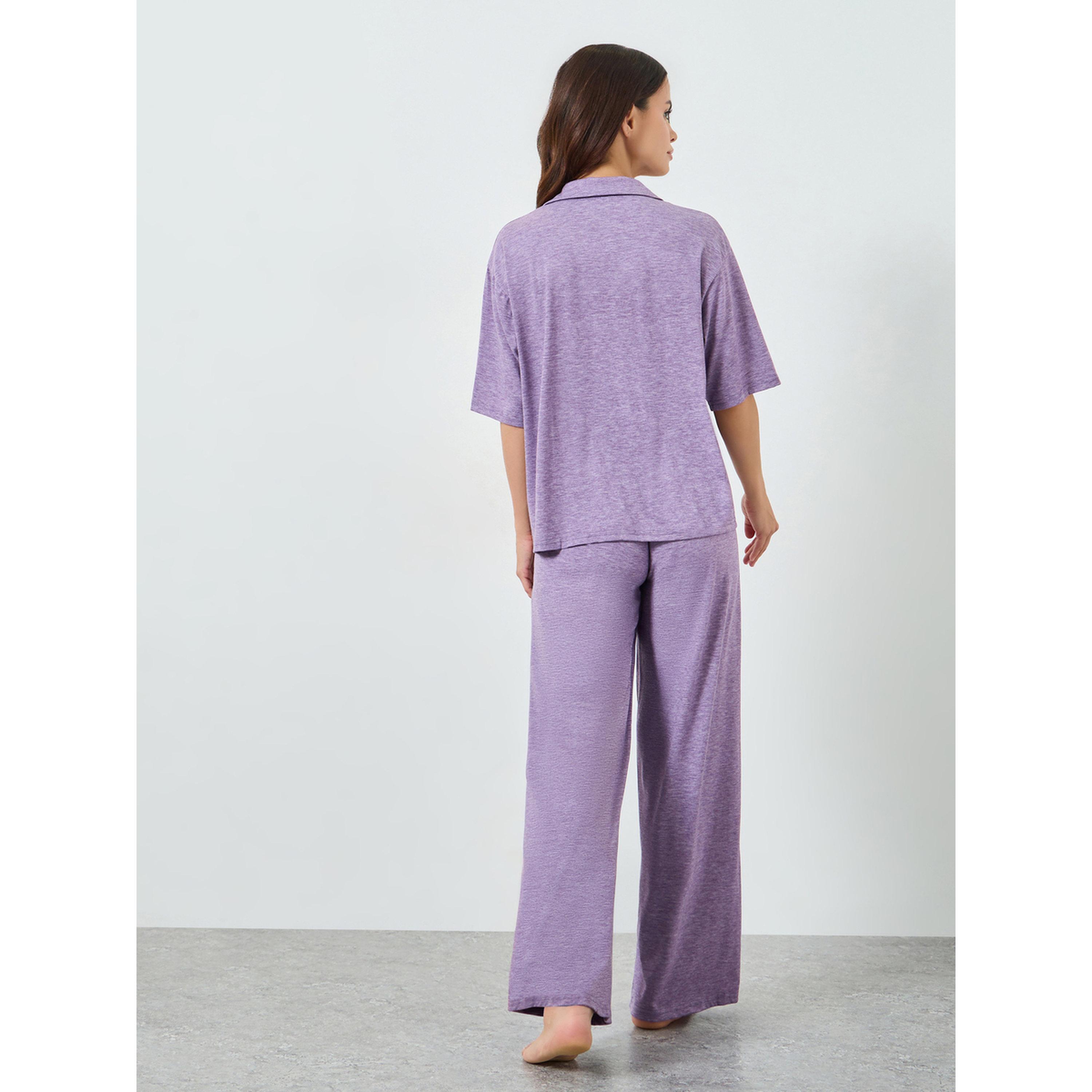 Styli Purple Melange Knit Buttoned Shirt and Pyjama Set-women-clothing-nightwear-pyjamas-longsets-image-4