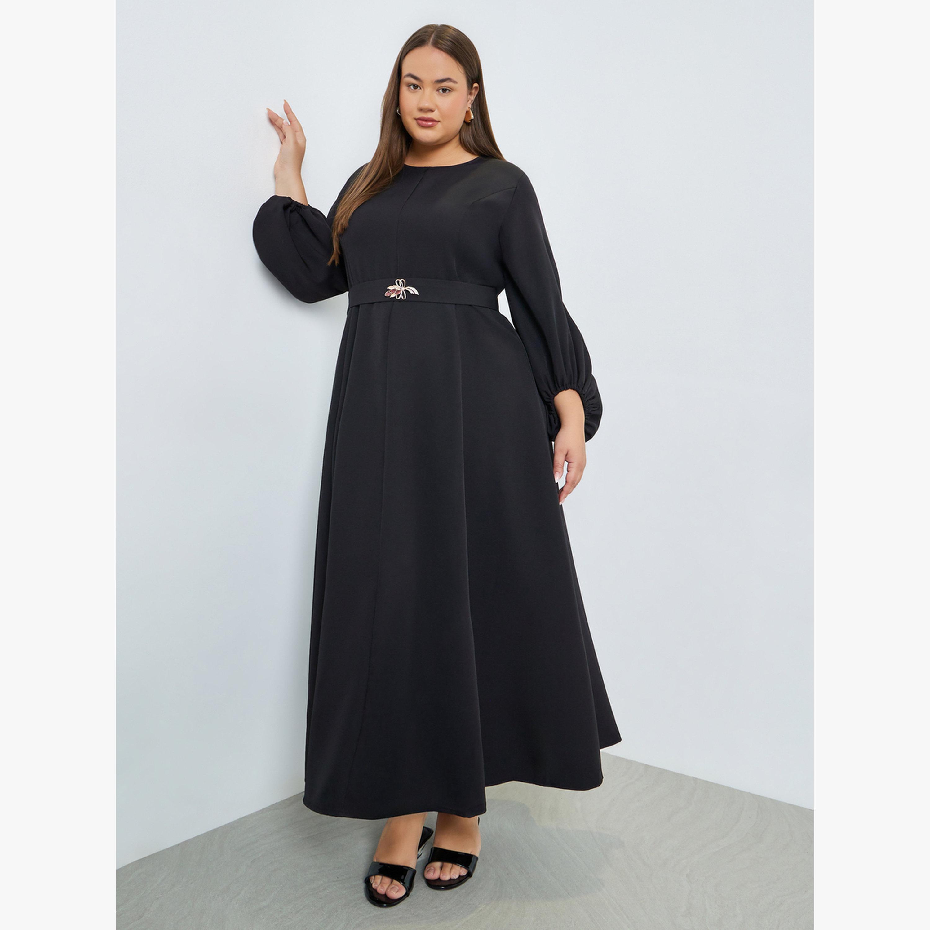 فستان طويل بحافة واسعة مقاس كبير أسود-women-clothing-dresses-image-1