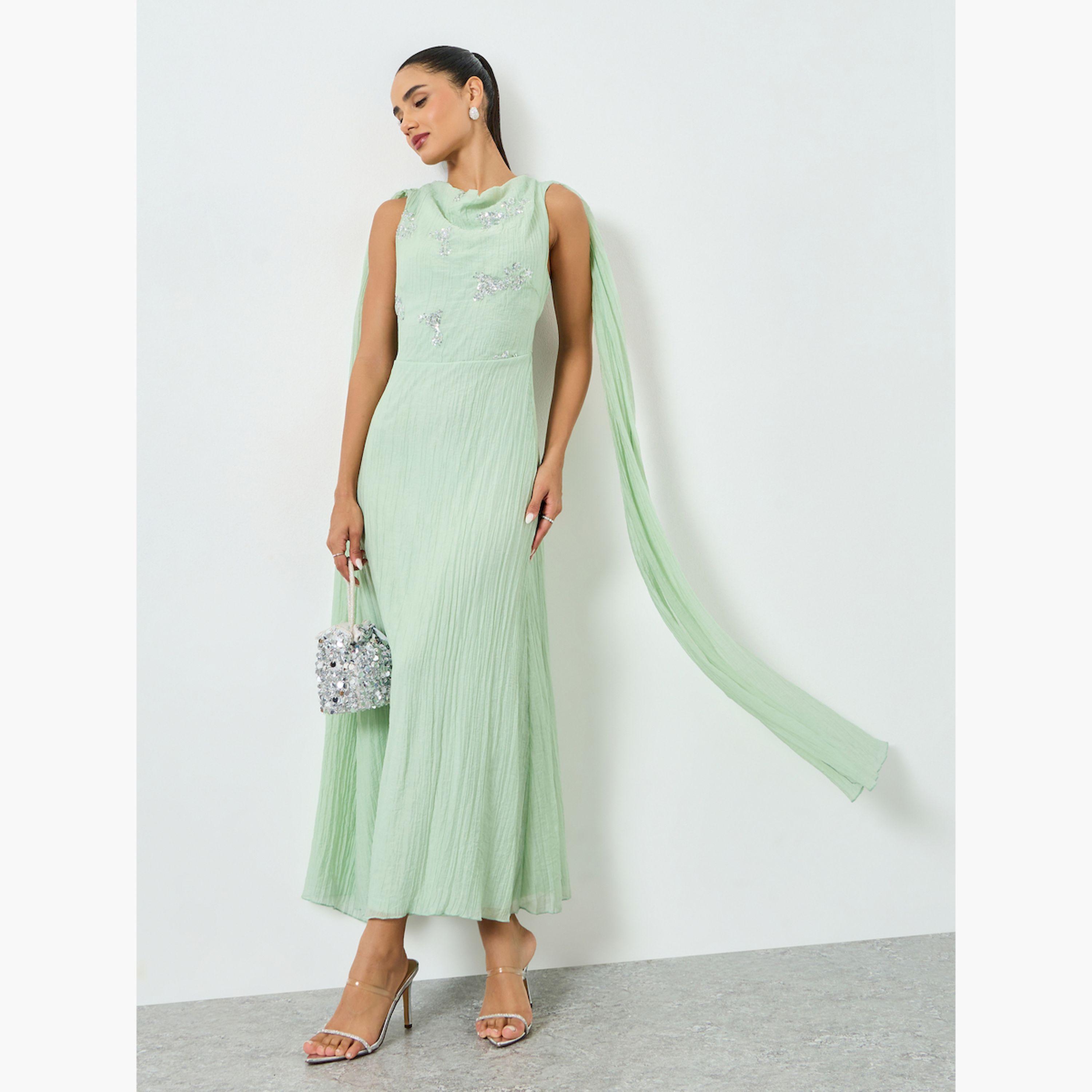 Styli Green Embellished Sleeveless Maxi Dress with Cape-women-clothing-dresses-image-1