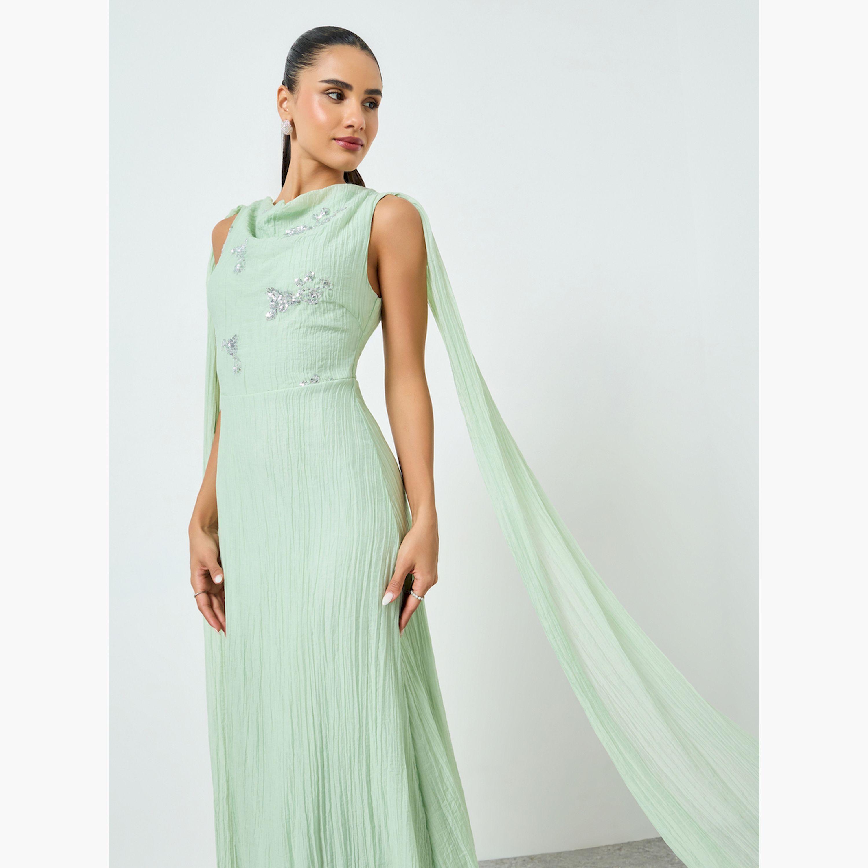 Styli Green Embellished Sleeveless Maxi Dress with Cape-women-clothing-dresses-image-2